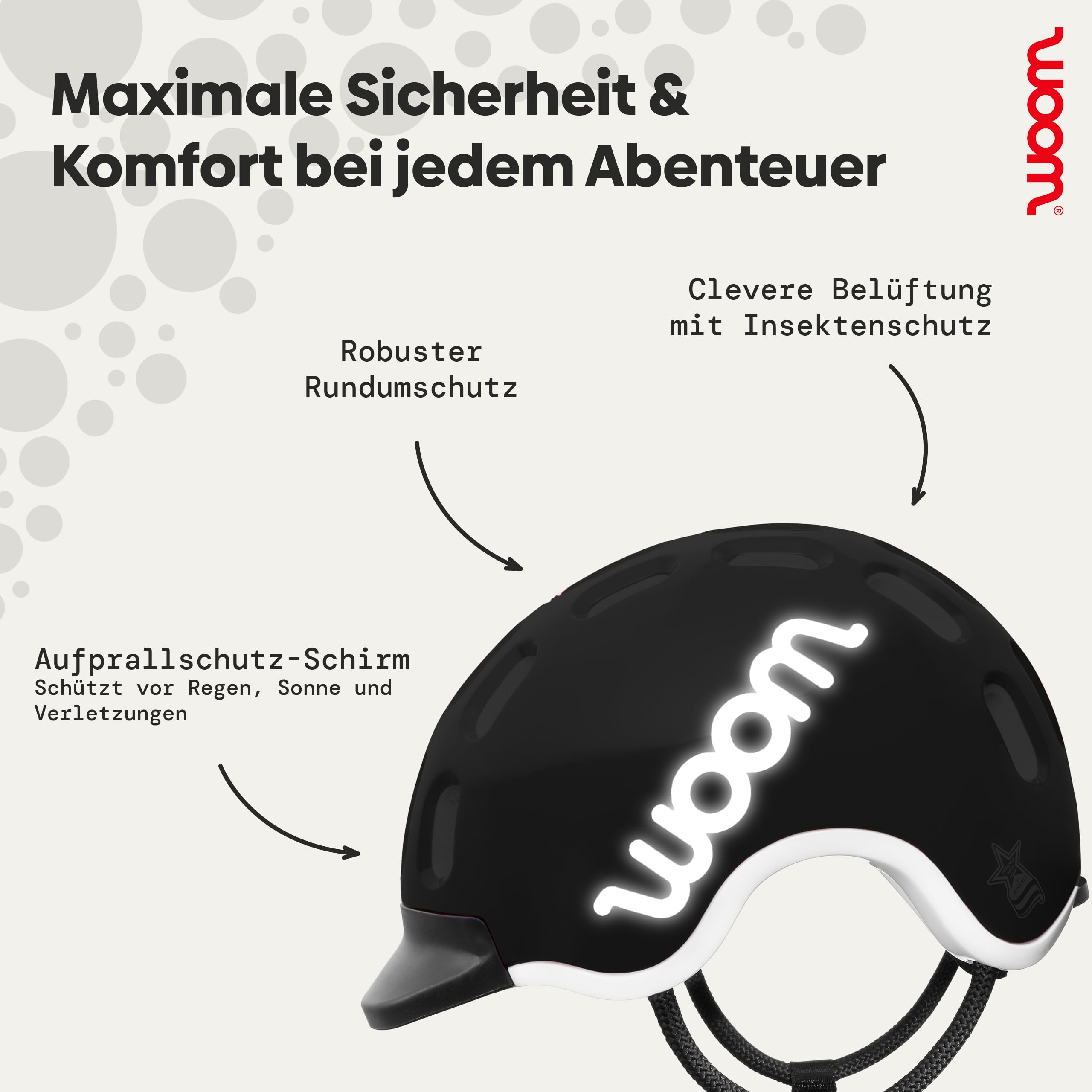 woom Kids Helm, Fahrradhelm für Kinder, mit Visier, für Jungen und Mädchen, 46–50 cm, Größe XS, Verstellbar, Aufprallschutz, Schwarz (Black) Sport & Freizeit
