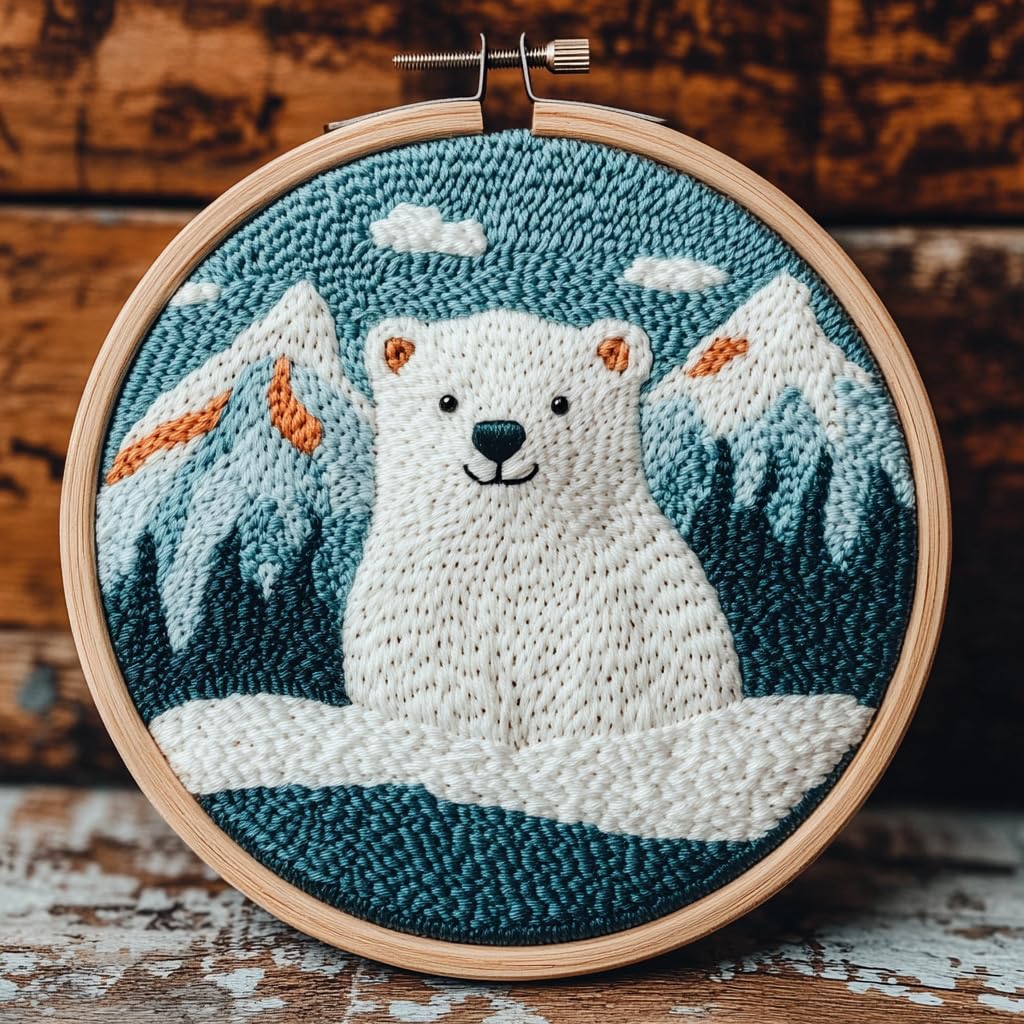 DIY Punch Needle Kits Polar Bear with Snow Mountain Easy for Beginners Punch Needle Yarn Starter Embroidery Set for Craft Lovers with Hoop for Home Decoration 20x20cm(1)
