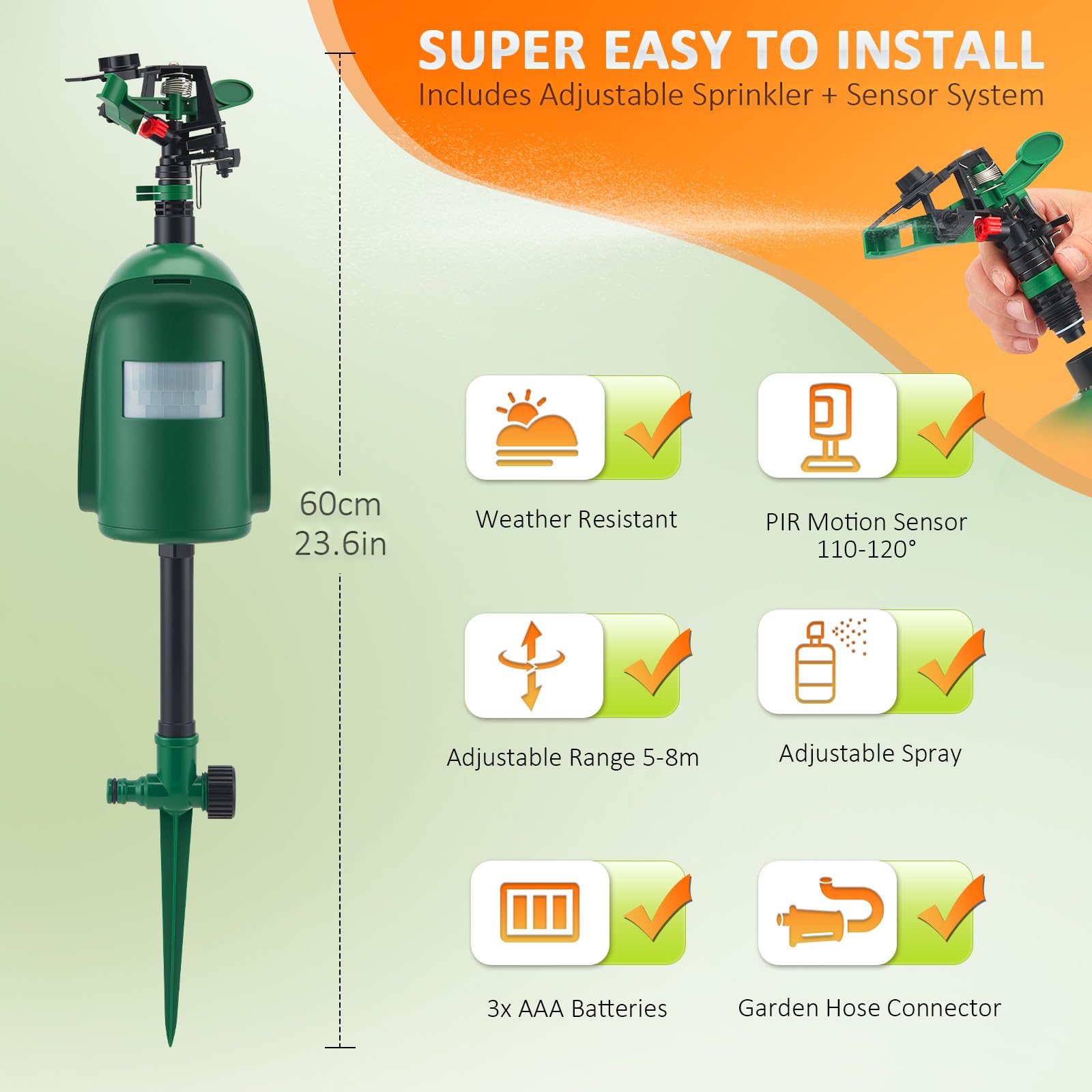 Ahuyentador de Animales por Agua, Aspersor de Agua para Jardín y Estanque con Sensor de Movimiento PIR, Alcance de hasta 10 m, Repelente Plagas para Ahuyentar Gatos, Palomas, Zorros y Pájaros