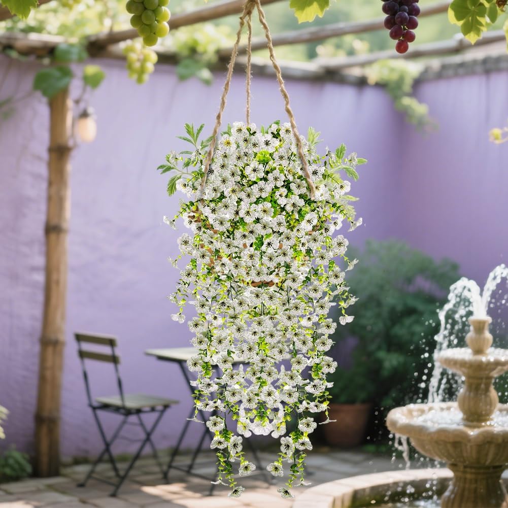UV Resistant Artificial Hanging Flowers for Outdoors, Faux Morning Glory Fake Hanging Plants for Porch, Garden, Patio & Home Decoration, Realistic Silk Flowers, No Fade, No Watering, 8 PCS, White