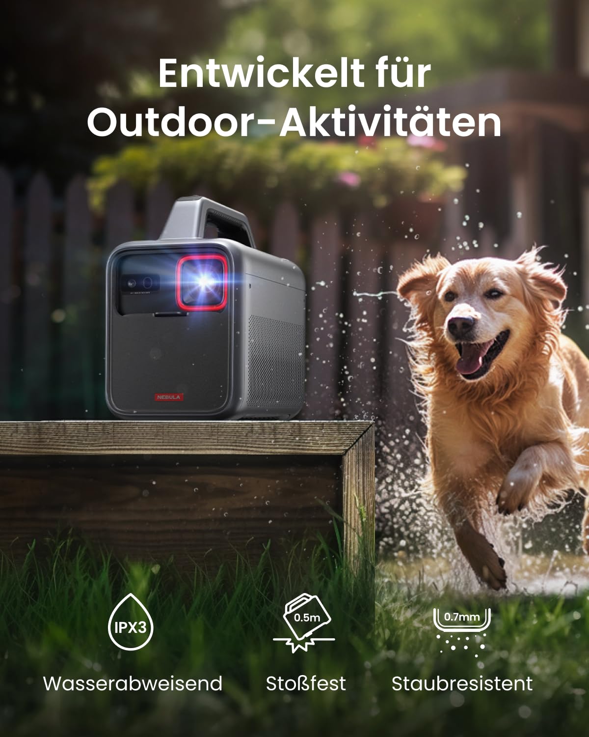 Nebula by Anker Mars 3 Tragbarer Outdoor Beamer (Schwarz) | 1000 ANSI Lumen, KI-gestützte Bildoptimierung, Android TV, 200 Zoll Heimkino für Zuhause, Camping, Roadtrip & Garten