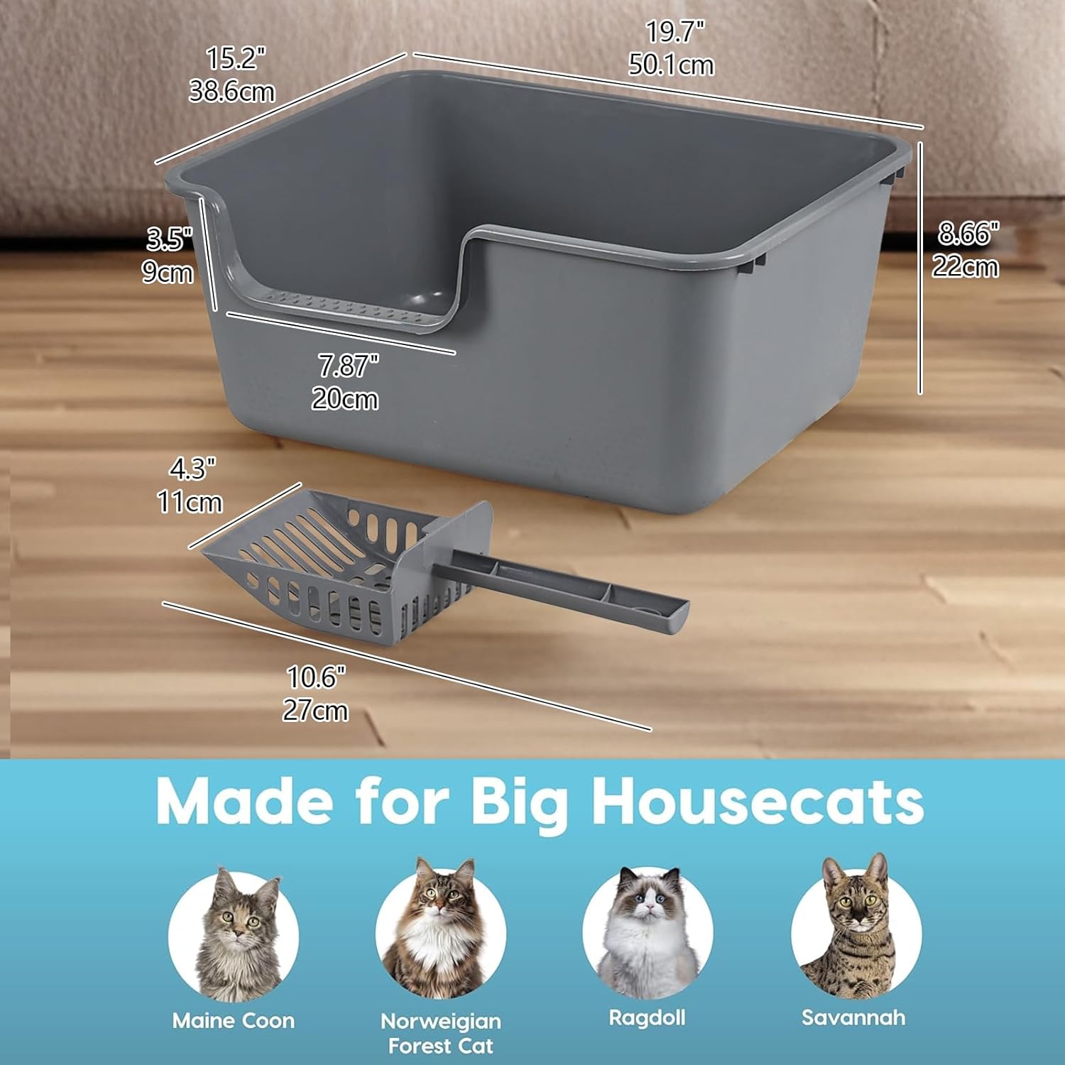 Set of 4 Large Plastic Cat Litter Pan with Scoop, Cat Litter Box with High Sides Anti-Splashing, Gray