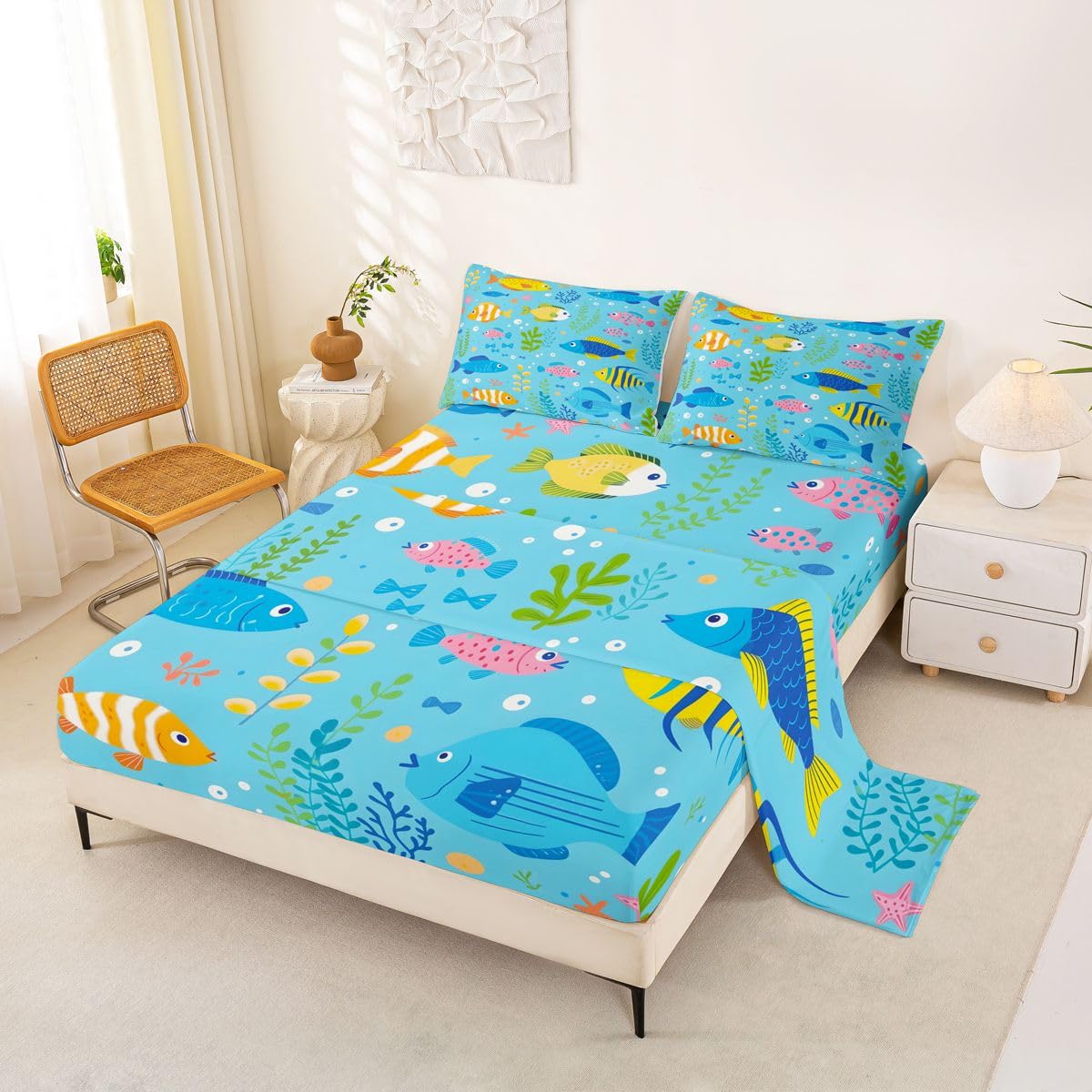 Homewish Sea World urocze ryby podwójne płaskie prześcieradło z gumką niebieskie zwierzę morskie kreskówka prześcieradła głęboka kieszeń 16 cali (40 cm), zestaw prześcieradeł bąbelkowych z 2