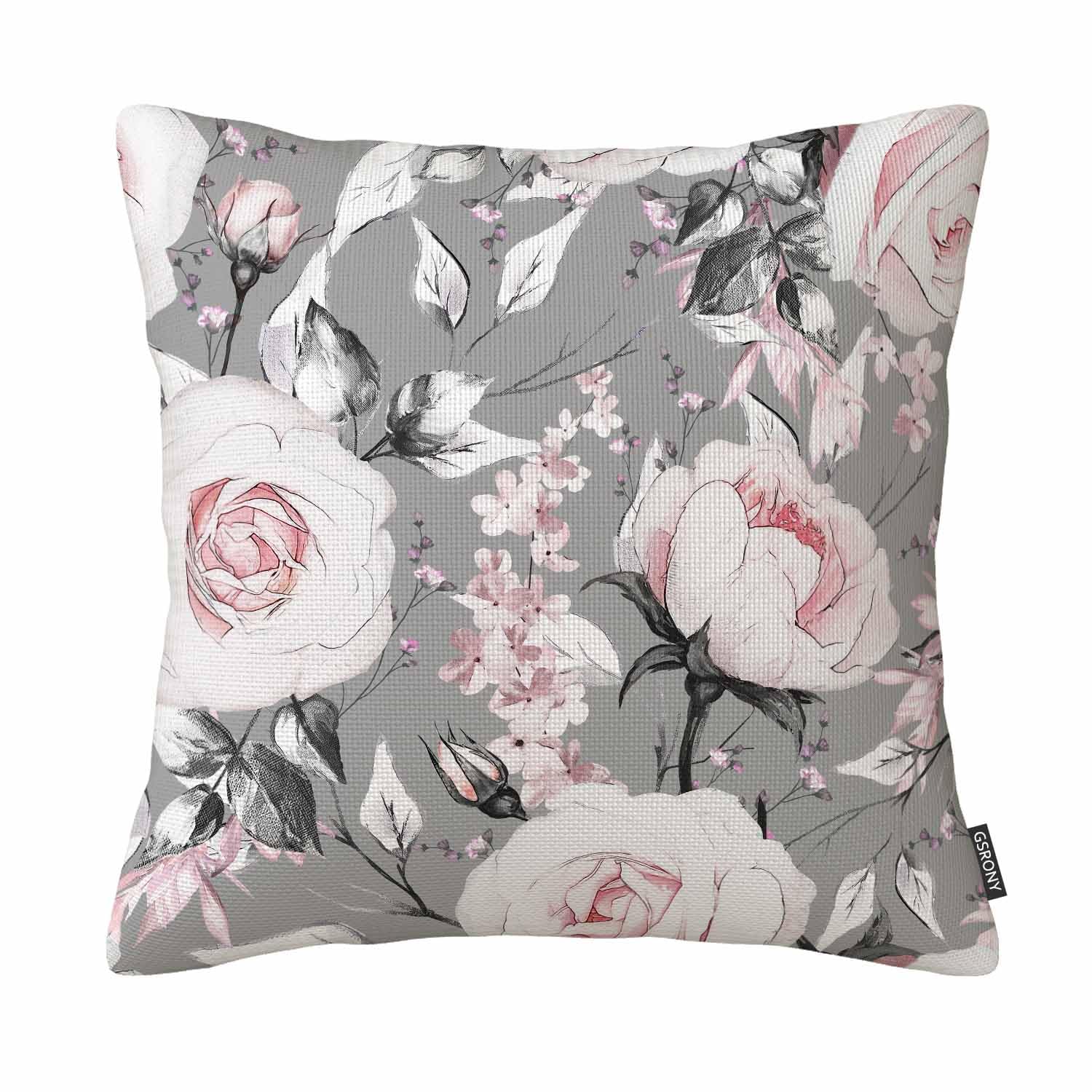 GSRONY Rose Throw Pillow Covers Watercolor with Pink Flowers Leaves Oil Painting Cushion Pillow Case Home Decor Pillowcase 18x18 Inches