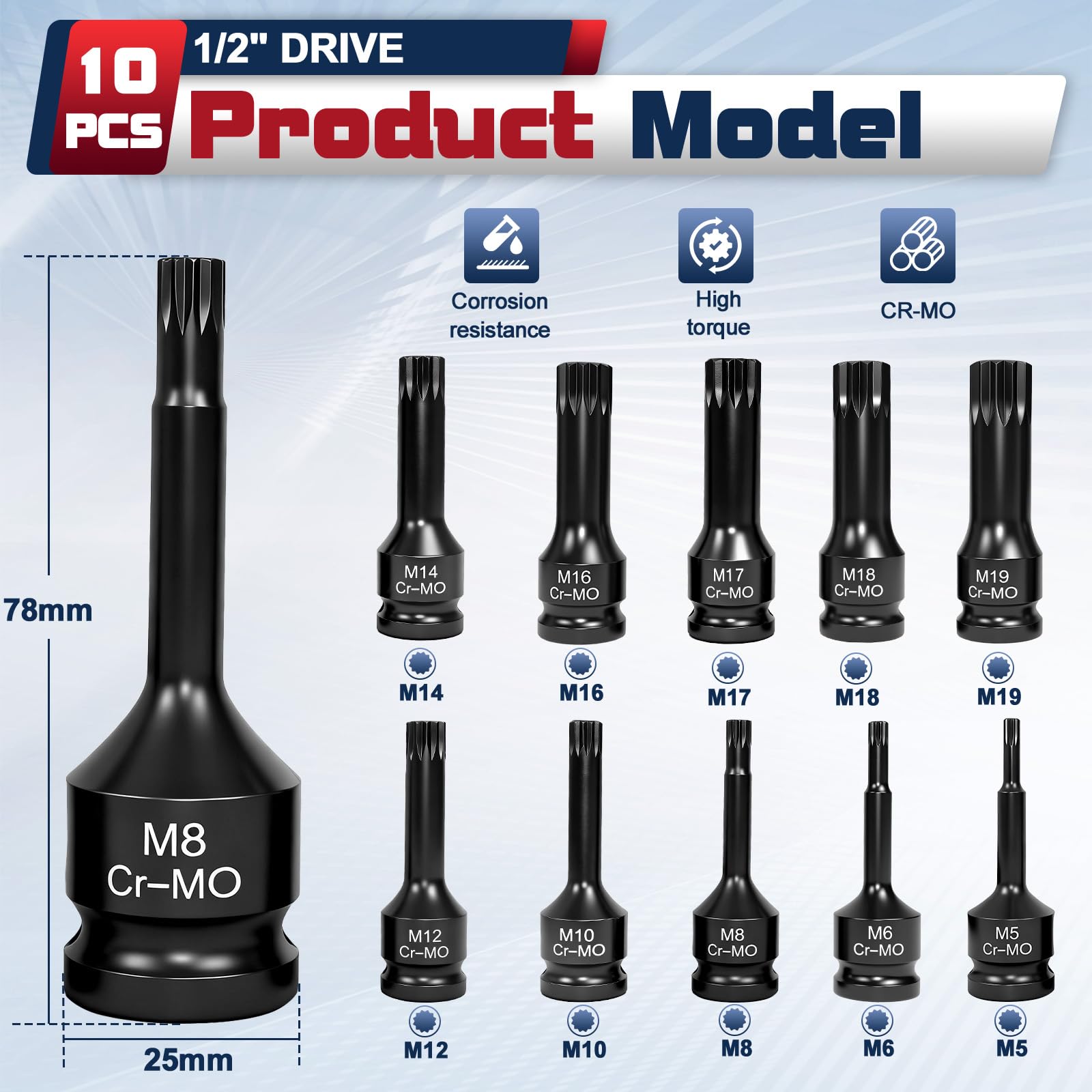 10-częściowy zestaw kluczy nasadowych XZN 1/2", wielozębowy zestaw nasadek 1/2" M5, M6, M8, M10, M12, M14, M16, M17, M18, M19 do klucza dynamometrycznego, klucza grzechotkowego