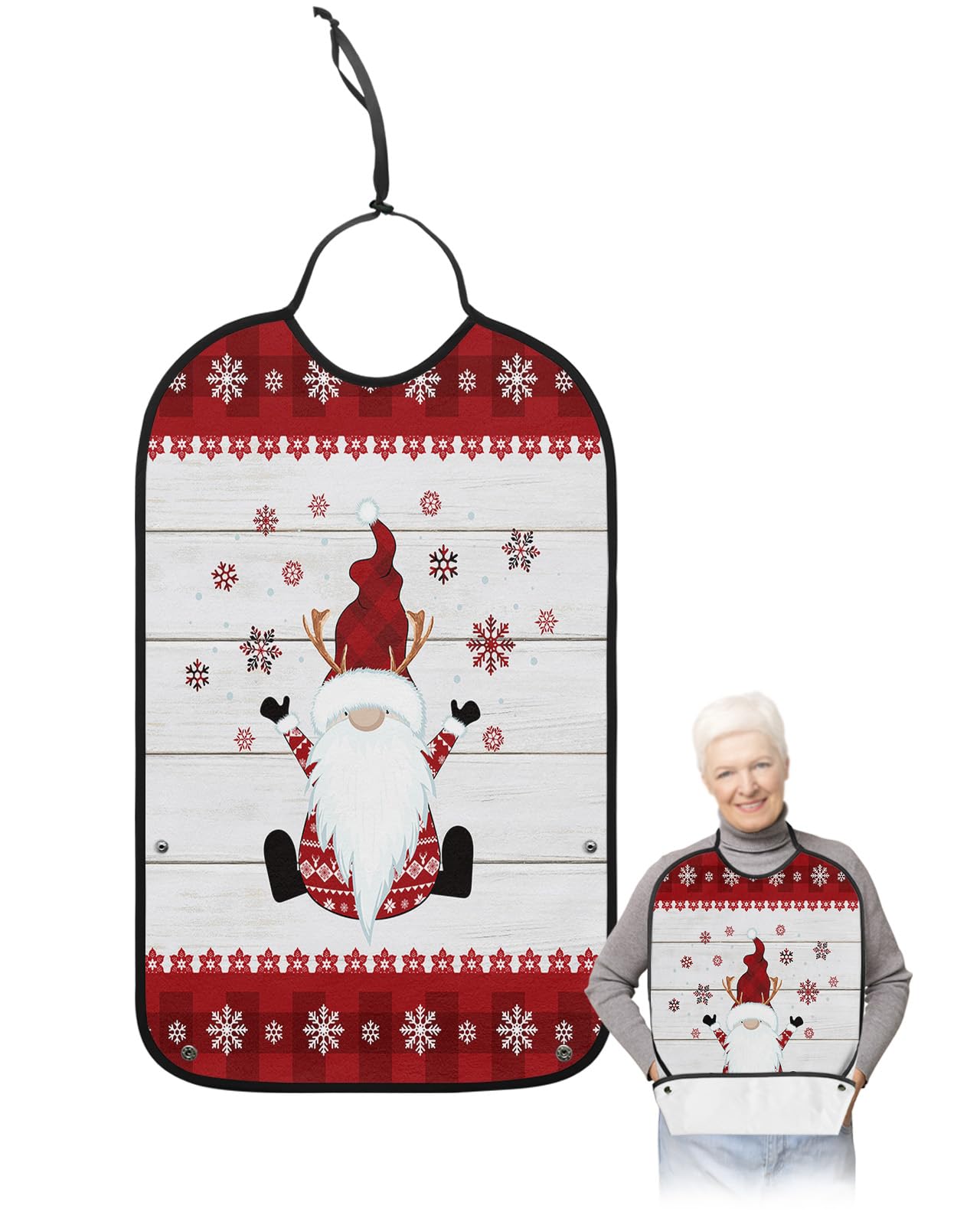 Christmas Gnomes Adult Bibs for Eating, Waterproof Bibs with Food Catcher & Adjustable Snap Closure, Red Plaid Winter Snowflake White Wood Washable Clothing Protectors Adult Bibs for Elderly Women/Men