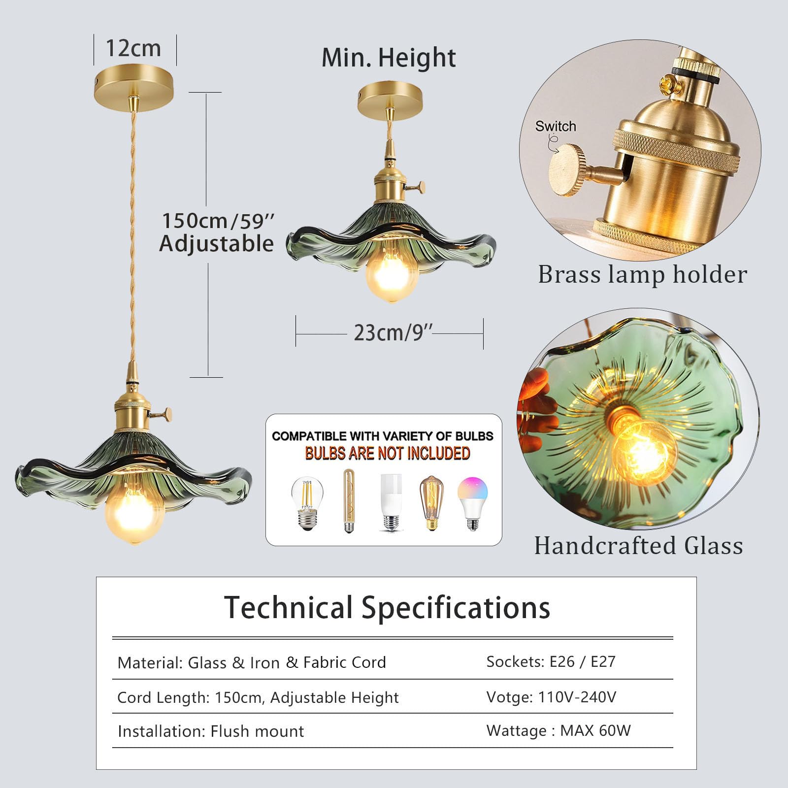 EKSED Lampada a sospensione in vetro verde Presa in ottone dorato con interruttore Lampada a sospensione Plafoniera per isola cucina