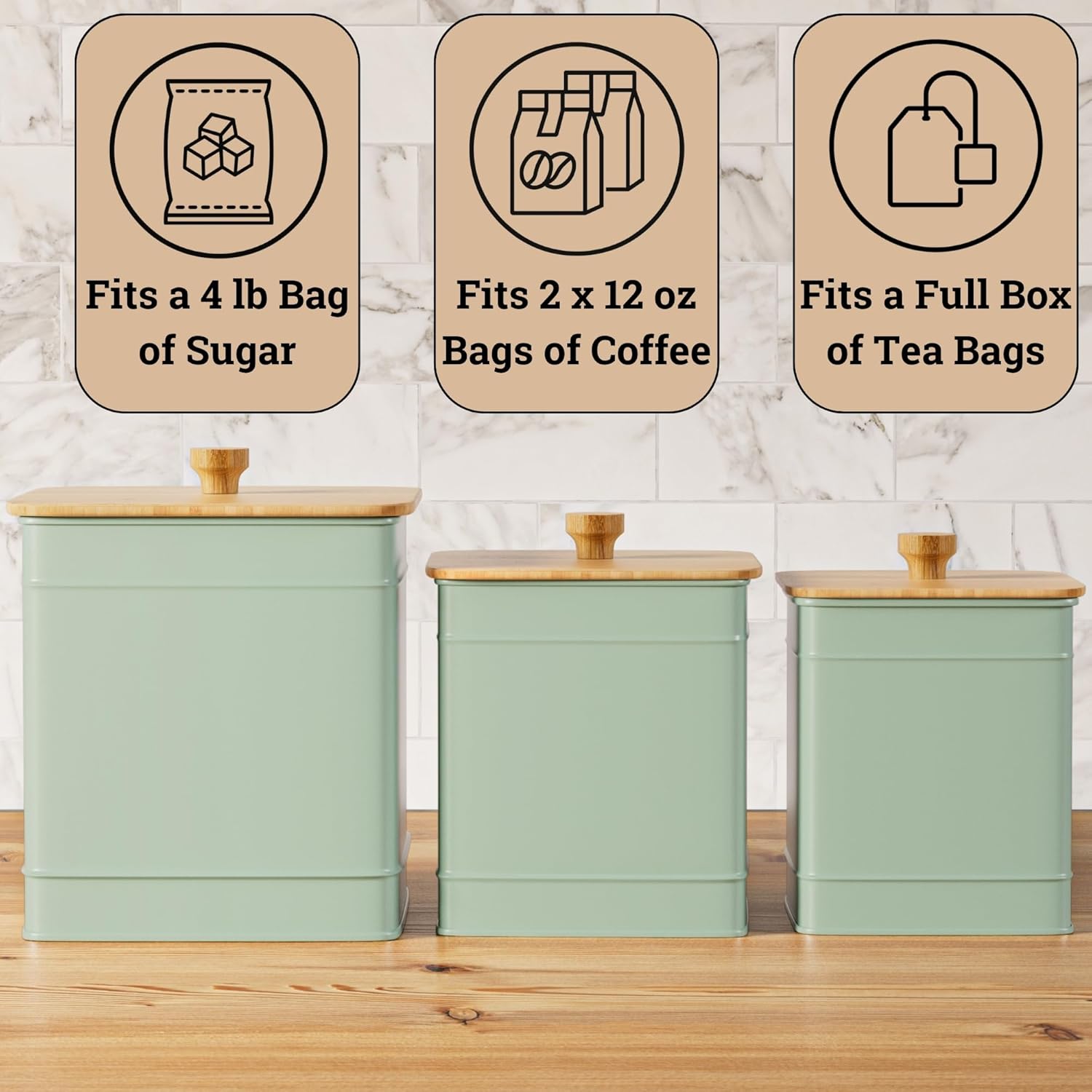 Kitchen Canisters for Countertop Set of 3 with Customizable Chalkboard Labels & Marker Pen - Big Iron Kitchen Canisters with Airtight Lids - Sage Green Canister Set - Flour and Sugar Containers