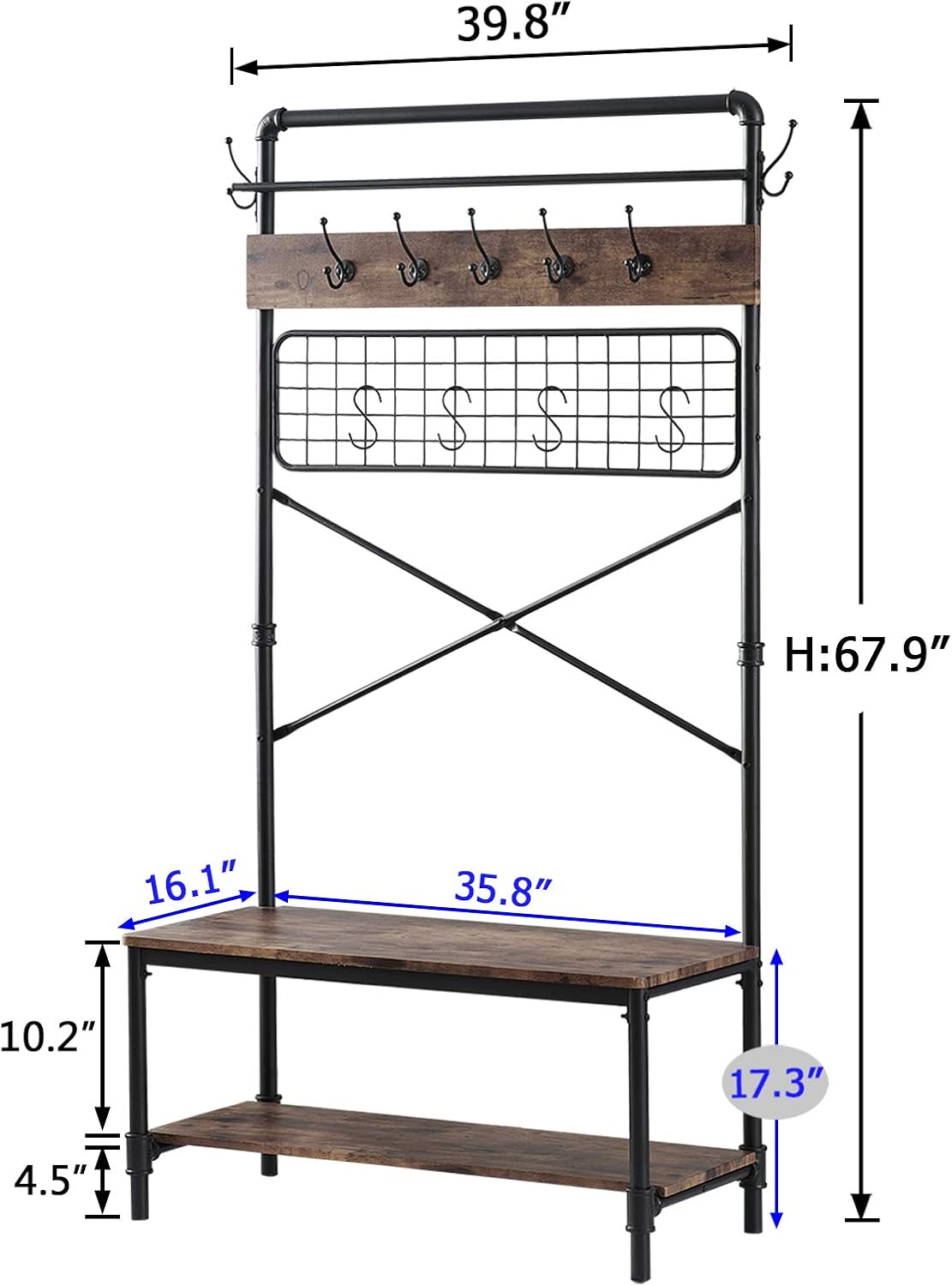 HOMYSHOPY Industrial Hall Tree Shoe Bench, 5 in 1 Entryway Coat Rack with Hanging Hooks, Bench and Storage Shelf Organizer for Entryway, Mushroom and Living Room (Vintage Brown): Home Improvement
