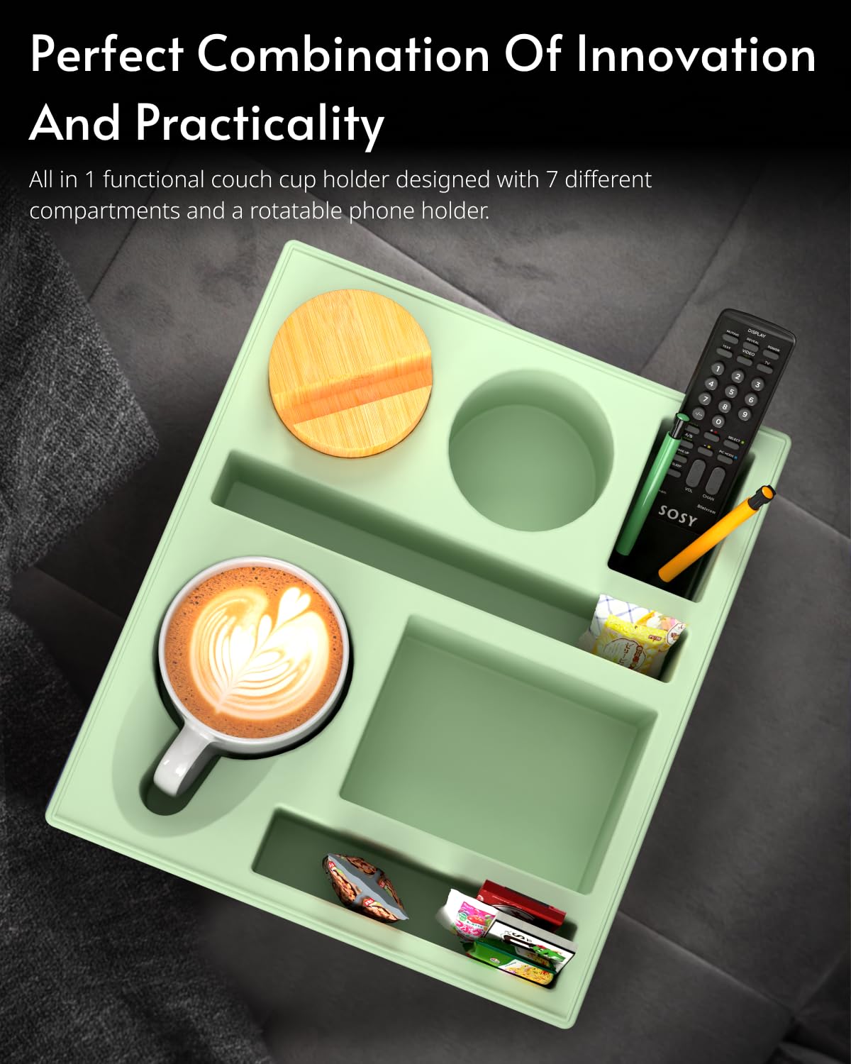 Portabicchieri – Organizer per divano, in silicone, da spiaggia, con portabevande e portabevande e vassoio per divano, tavolo per snack, telecomando per bevande (verde)