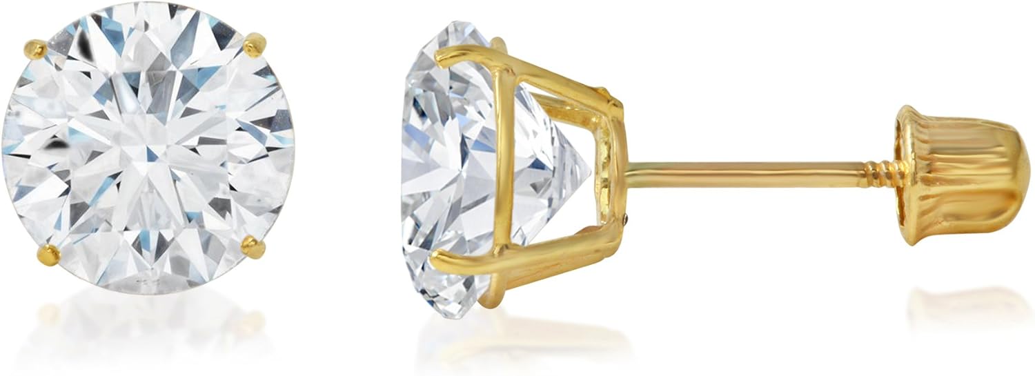 14K Yellow OR White Solid Gold Round Solitaire Cubic Zirconia CZ Stud Earrings Pair in Screw Back - Various Sizes