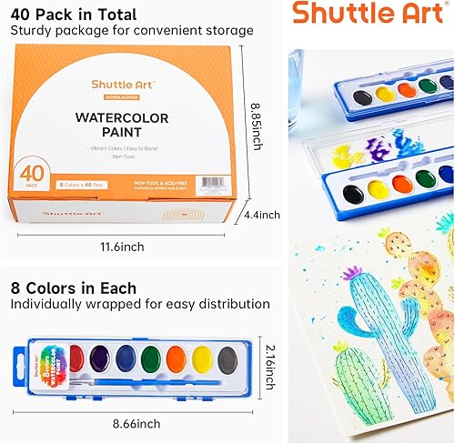 Miniatura 8 de Shuttle Art Juego de pintura de acuarela de 8 colores a granel, paquete de 40, juego de pintura de acuarela con pinceles para niños y adultos,