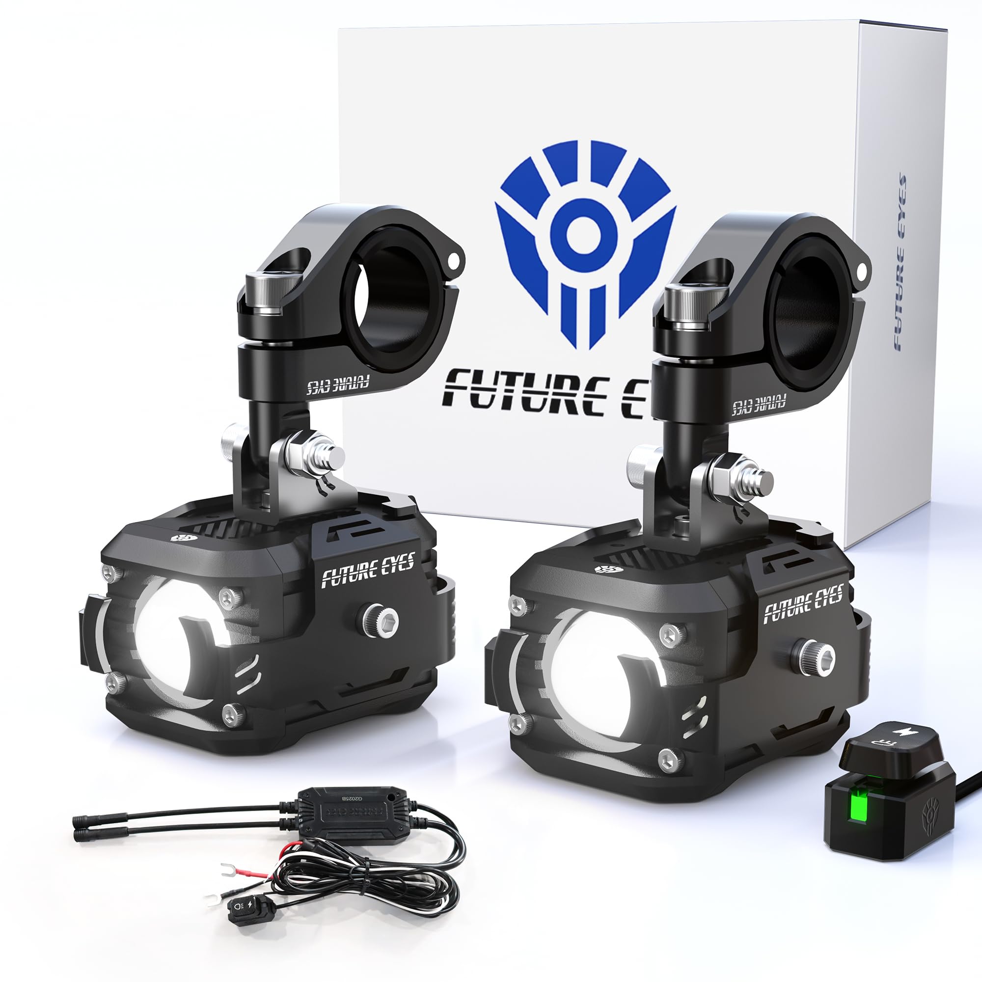 Future Eyes Faros Antiniebla para Moto LED, Luces Auxiliares Ajustables 360°, Impermeable IP67, Luces Todoterreno para Conducción Nocturna, Luz Larga y Corta Ámbar/Blanco, Compatible con ATV y UTV