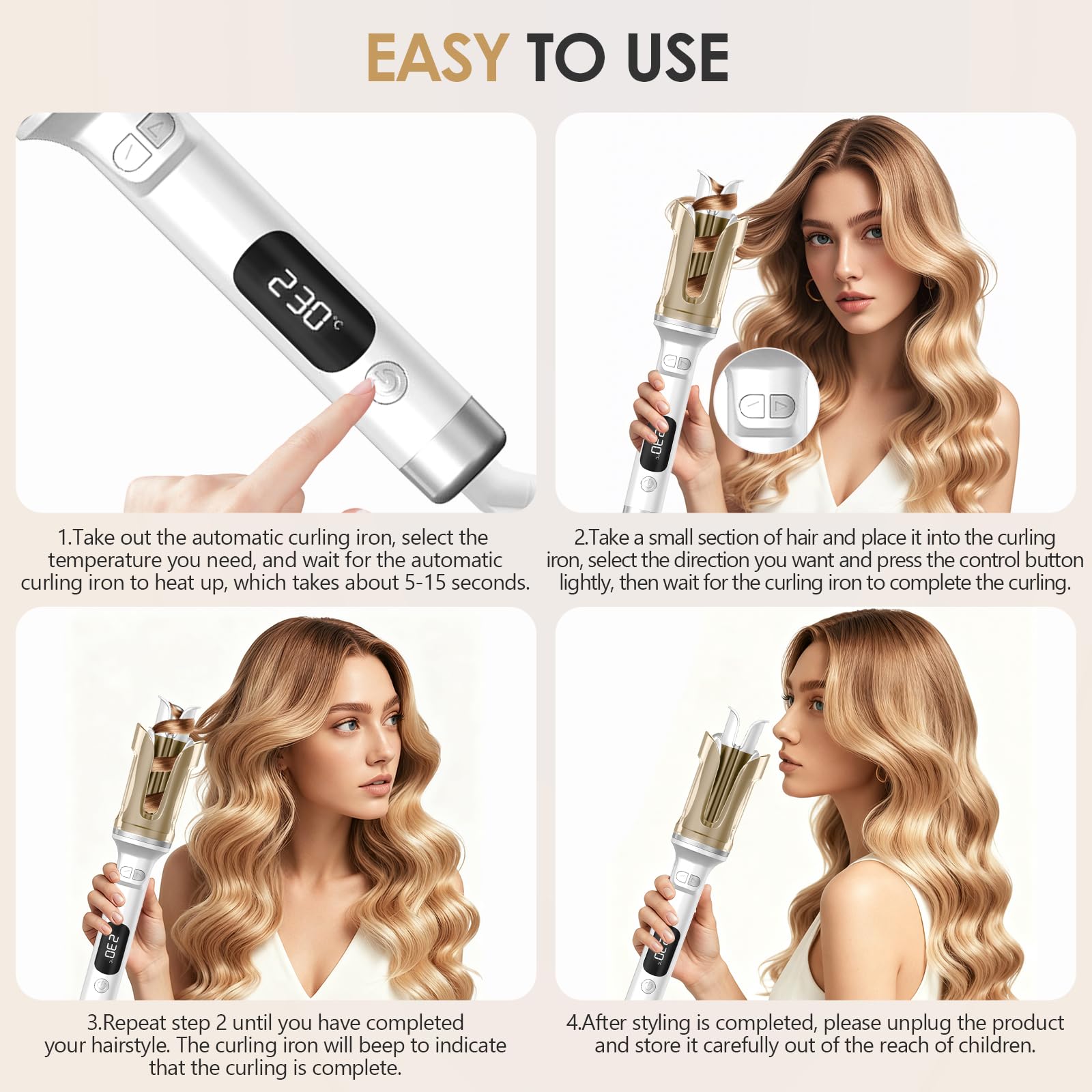 Fer a Boucler Cheveux Automatique, Fer a Friser avec 6 Réglages de Température avec LCD Écran, Friseur Cheveux Femme, Boucleur Céramique pour Cheveux Longs/Courts (Blanc)