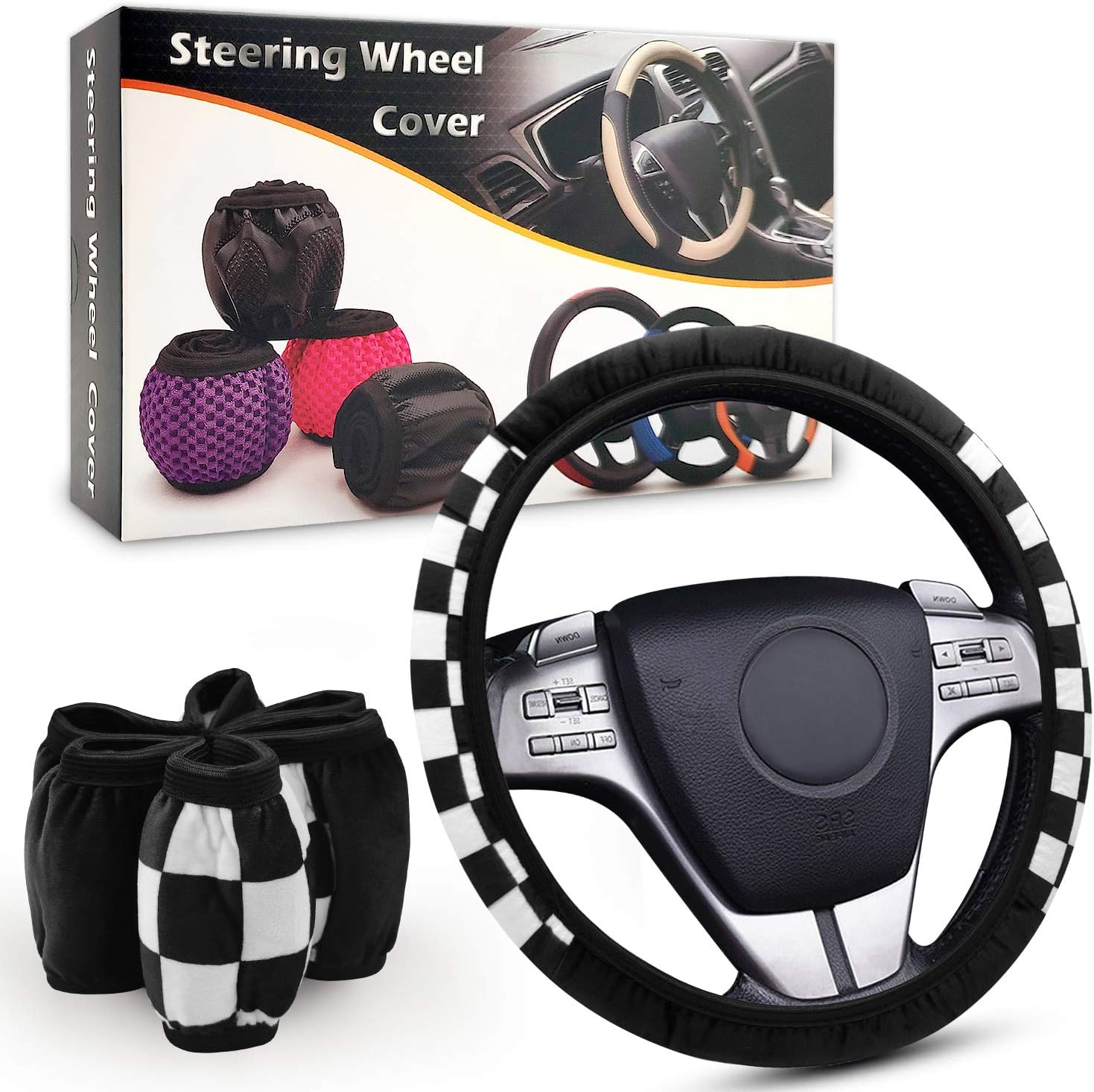 NICEASY 14.5-15 inch Sport Style Black-White Soft Cloth Steering Wheel Cover