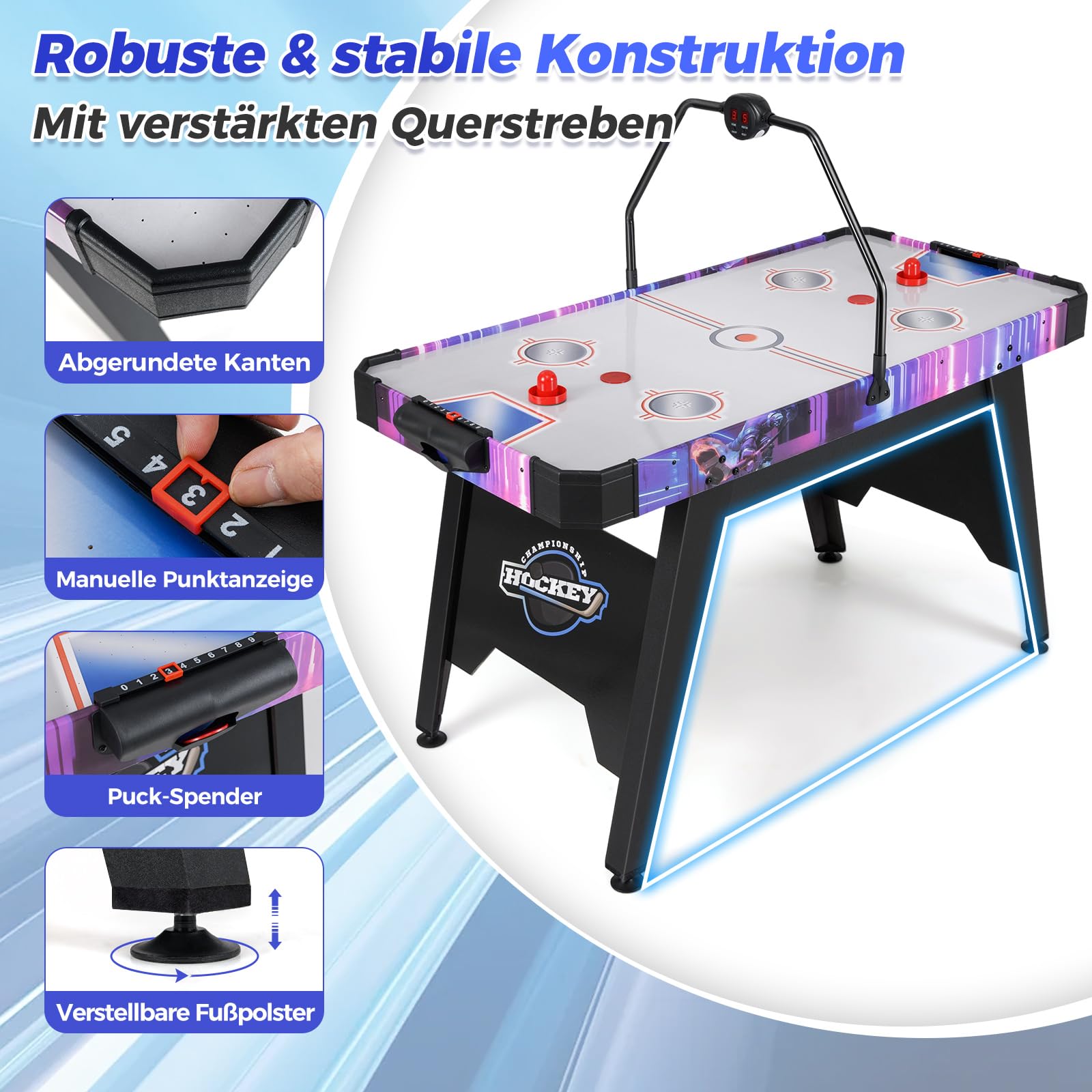 COSTWAY Airhockey Tisch mit LED-Digitalanzeige, Air Hockey Spieltisch elektrisch mit 12V Motor, Tischhockey inkl. 2 Schläger & 2 Pucks, Lufthockey Speedhockey für Zuhause, Spielzimmer & Büro