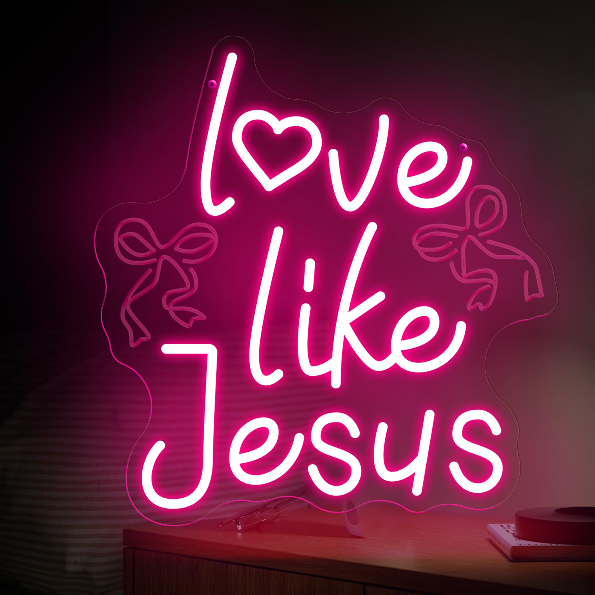 Love Like Jesus Neon Sign – 13.78″×13.38″ Jesus Valentine Neon Signs for Wall Decor – Bow LED Signs – Christian Faith Gifts – Christian Themed Neon Lights