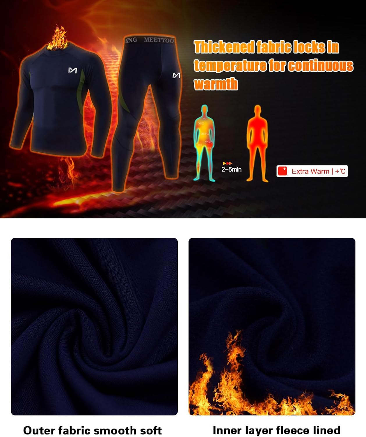 MEETYOO Thermal Underwear for Men,Men's Base Layer,2 Sets Long Johns Lined with Hunting Gear - Image 3