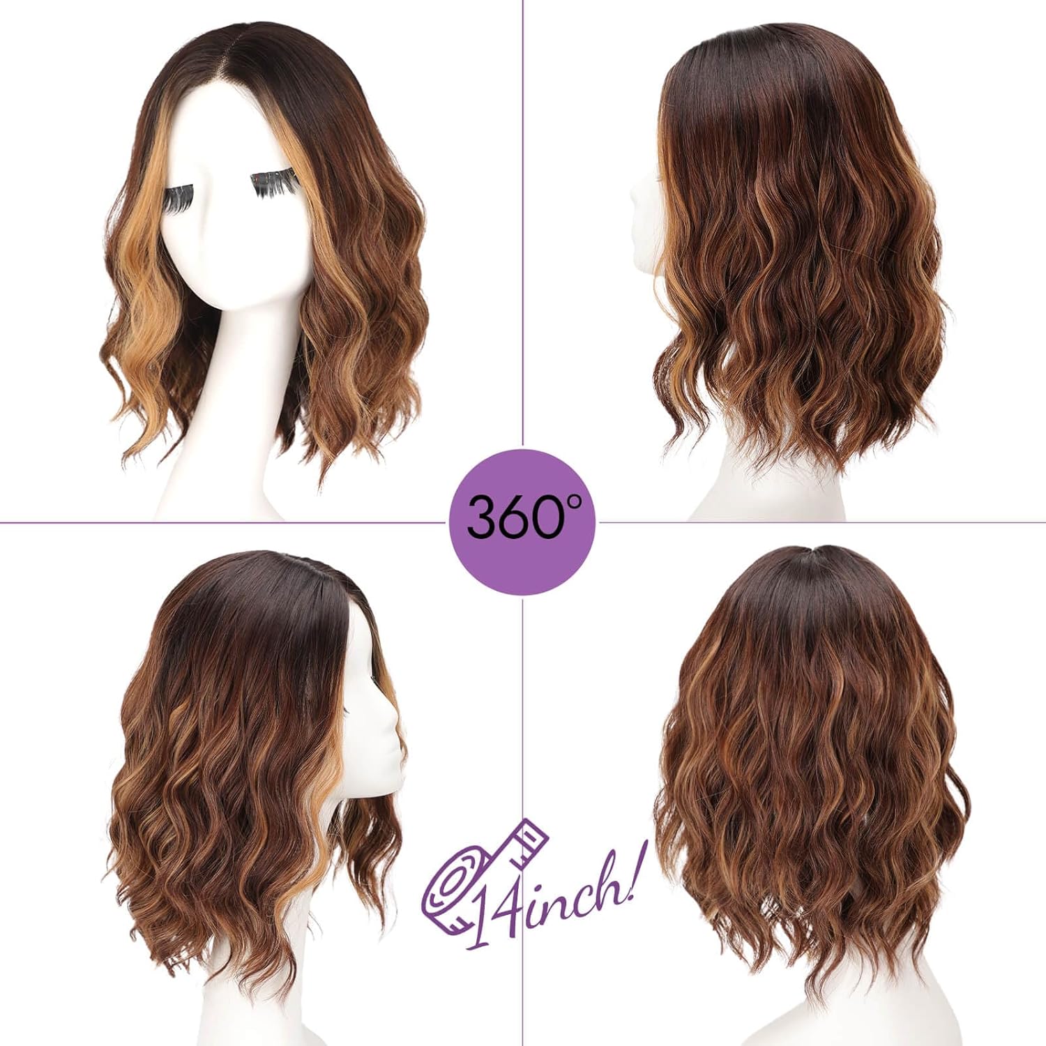 Dark Brown with Highlights Short Wavy Bob Glueless Synthetic Fiber Lace Front Wigs for Women Pre Cut for Beginners Natural Hairline 14 Inch - Image 7