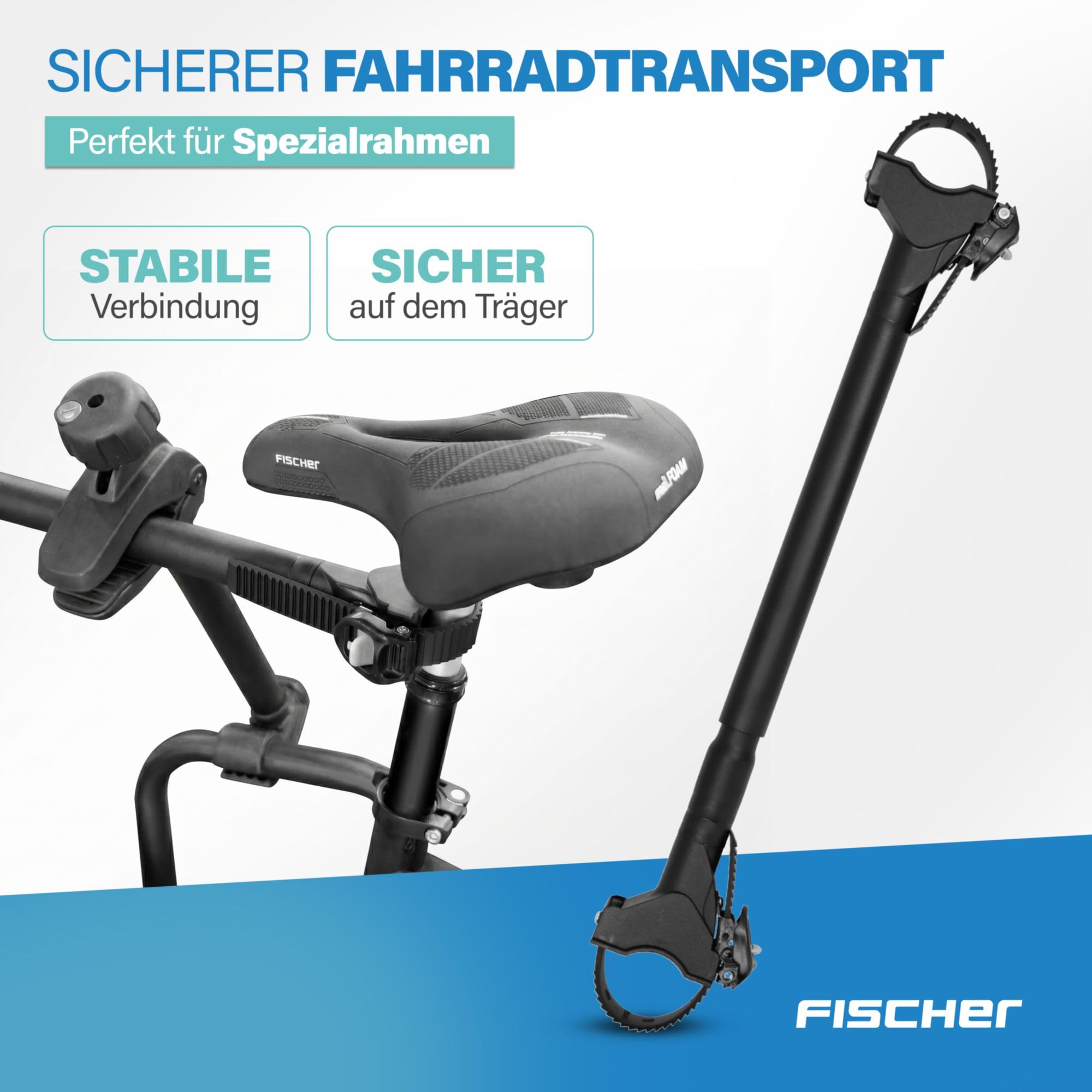 FISCHER Fahrradrahmenadapter, Variabler Adapter für sicheren und praktischen Fahrradtransport, passend für Rohre bis 6 cm Durchmesser, Abstand bis 65 cm zwischen Sattelstütze und Lenker, schwarz