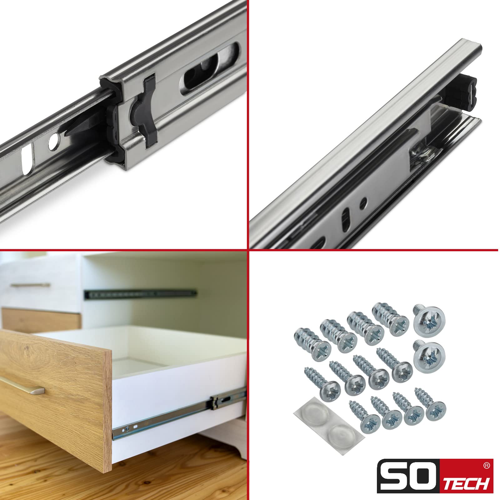 SOTECH 5 pares de guías de extracción total KV-25-H35-L500-NF-MS 500 mm versión estándar, capacidad de carga 25 kg, extracción del cajón incl. juego de tornillos