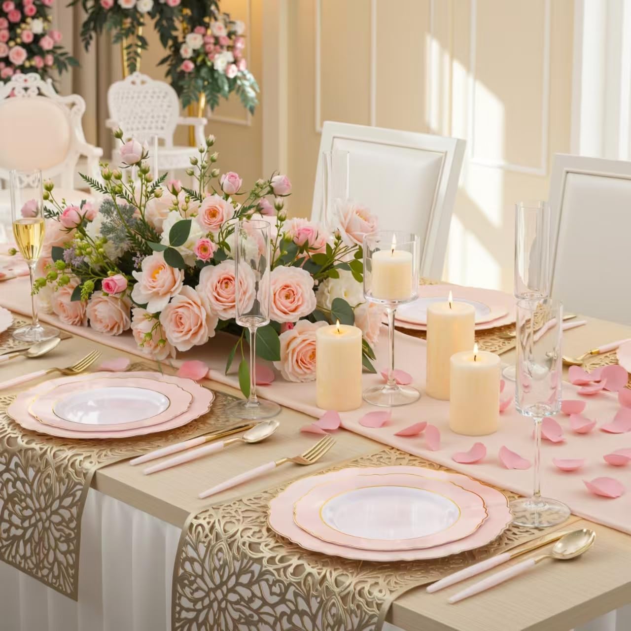 WDF 30Guest Pink Plates Disposable - Hign-end Baroque Design - Gold Plastic Silverware with Handle-Baroque Pink &Gold Plastic Dinnerware for Baby Shower Wedding Spring Easter