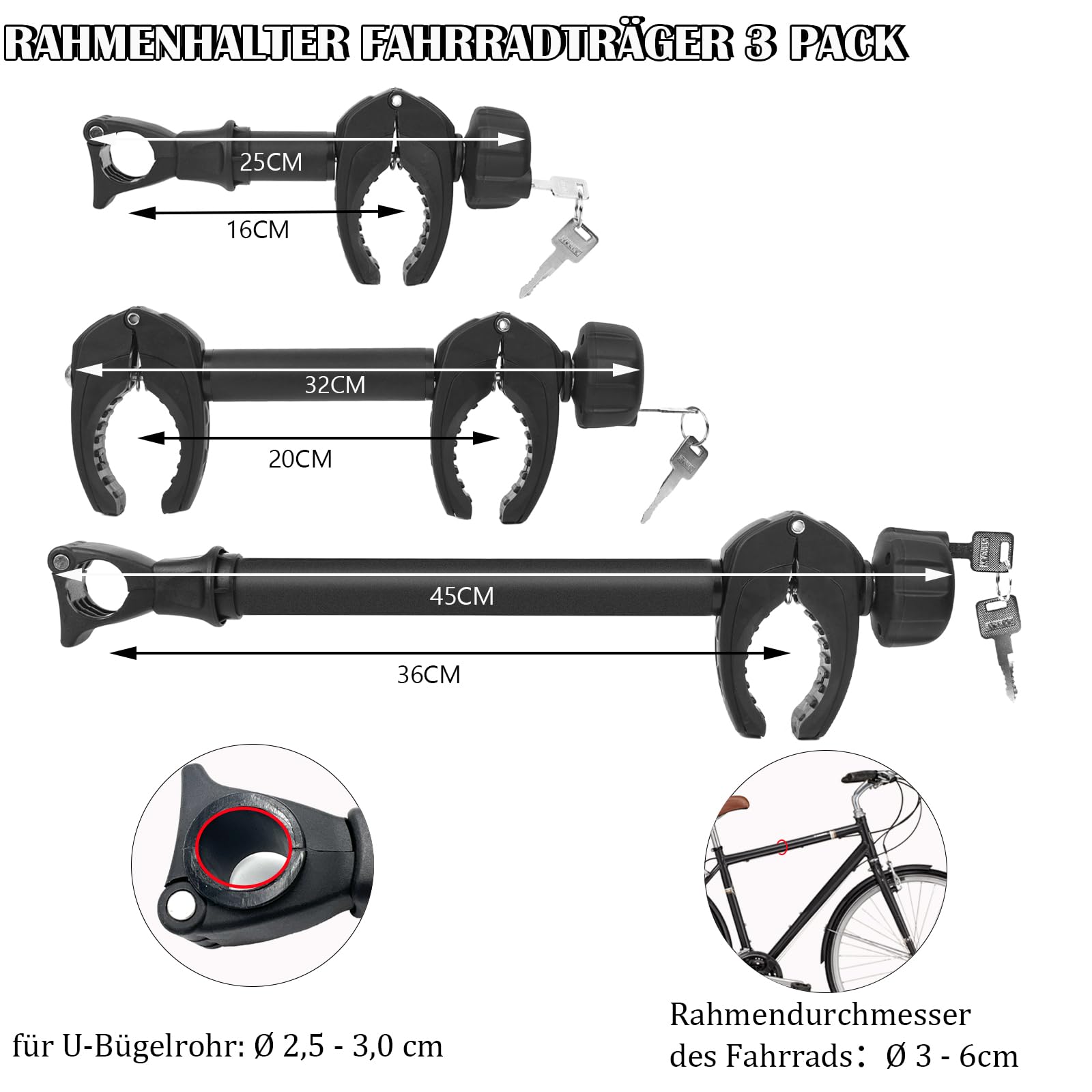 Rahmenhalter für Fahrradträger 3 Stück 25CM + 32CM + 45CM Länge, Universal Fahrradrahmenhalter Abschließbare, Rahmenhalter für U-Bügelrohr: Ø 2,5-3cm, Rahmendurchmesser des Fahrrads: Ø 3-6cm