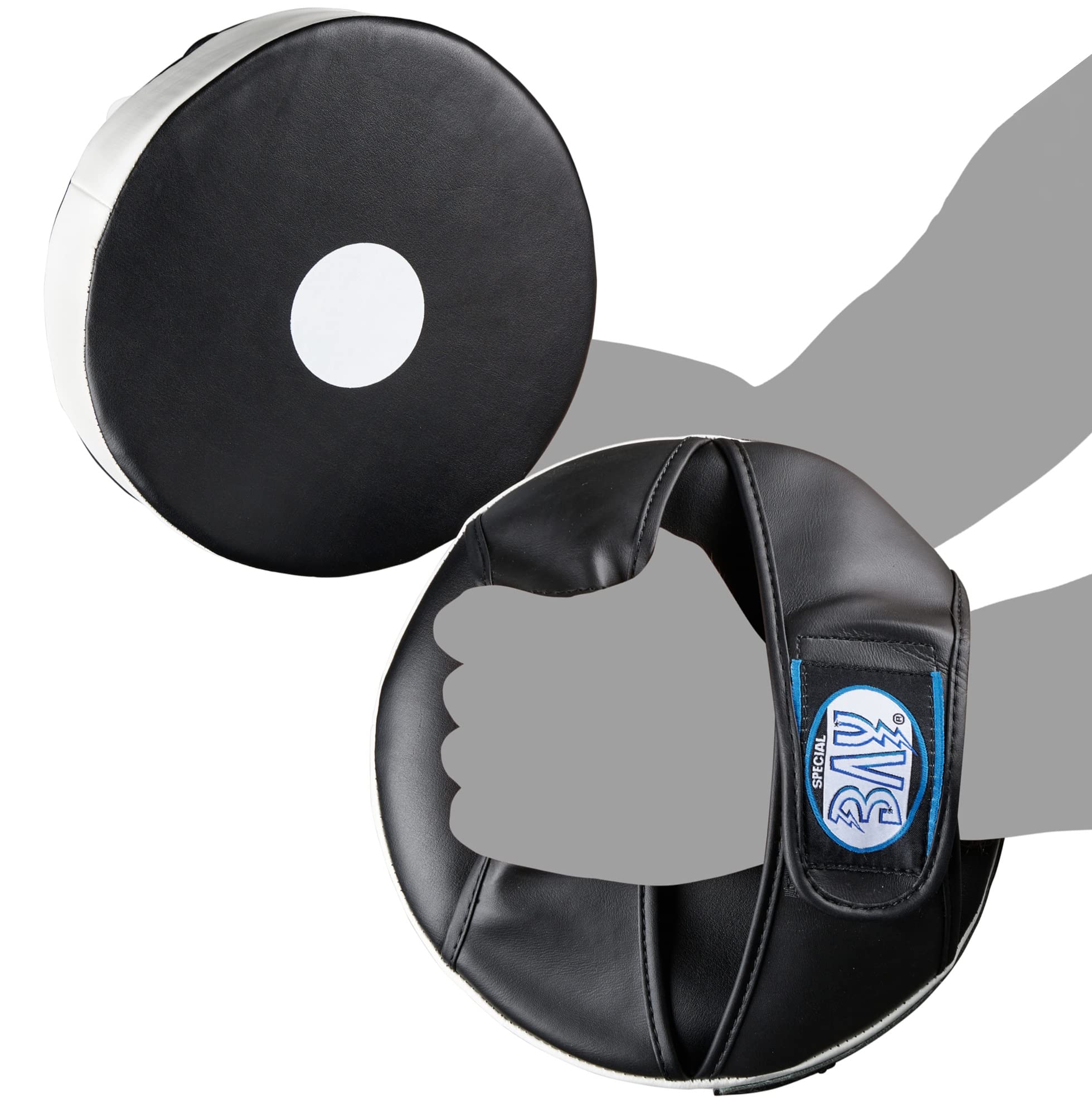 BAY Leder-PU RUND Tellerpratzen schwarz/weiß, Handpratzen, Pratzen 2 Stück, Trainerpratzen Handmitts Hand-Mitts Mitt Schlagmitt Schlagpolster Schlagkissen Focusmitt Coaching Paar