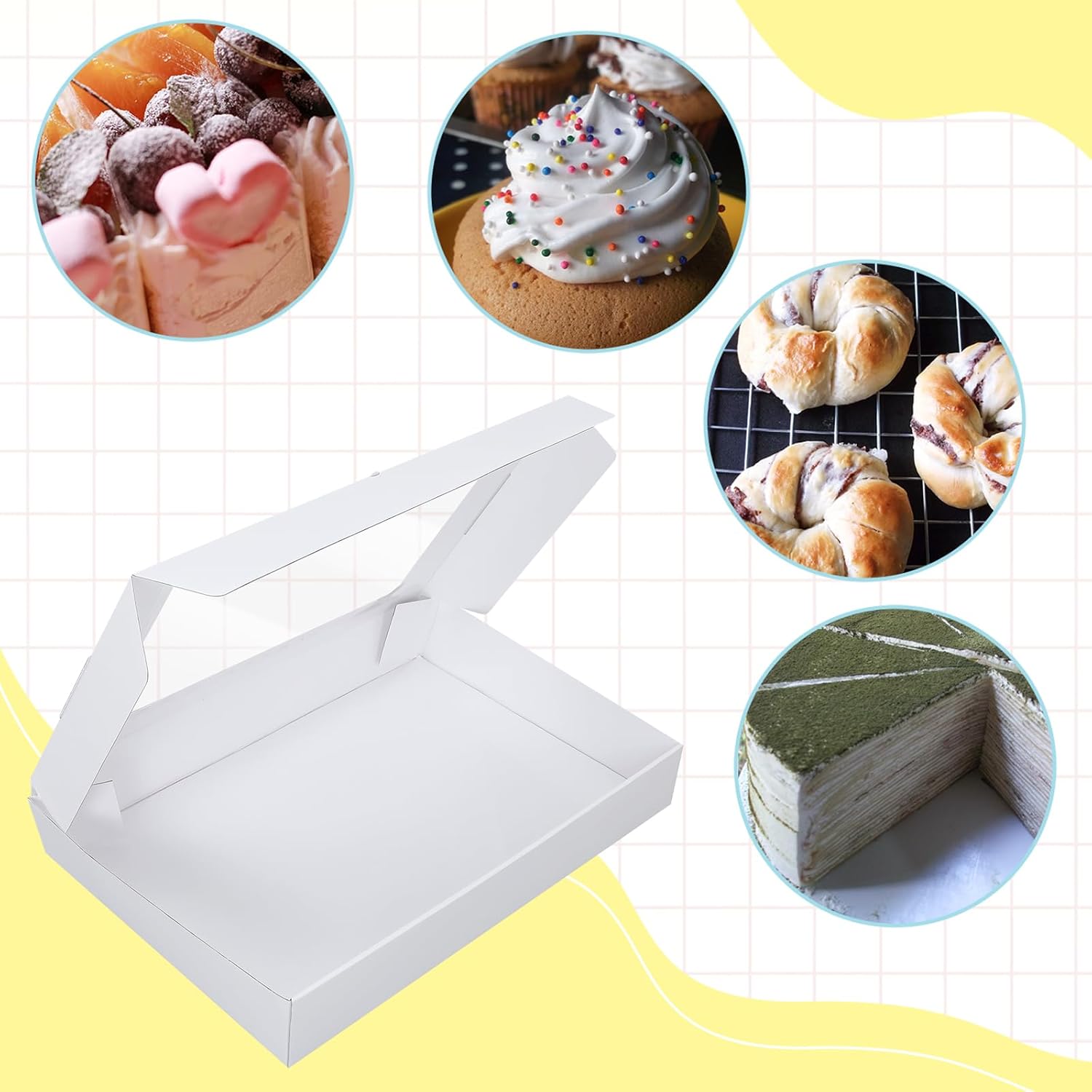 Lounsweer 13 Pcs Corrugated Full Sheet Cake Box 26 x 18 x 4 Inch with Cake Boards(6 Boxes & 6 Boards) and Pink Satin Ribbon Heavy Duty Large Rectangle Bakery Boxes with Window for Dessert Party