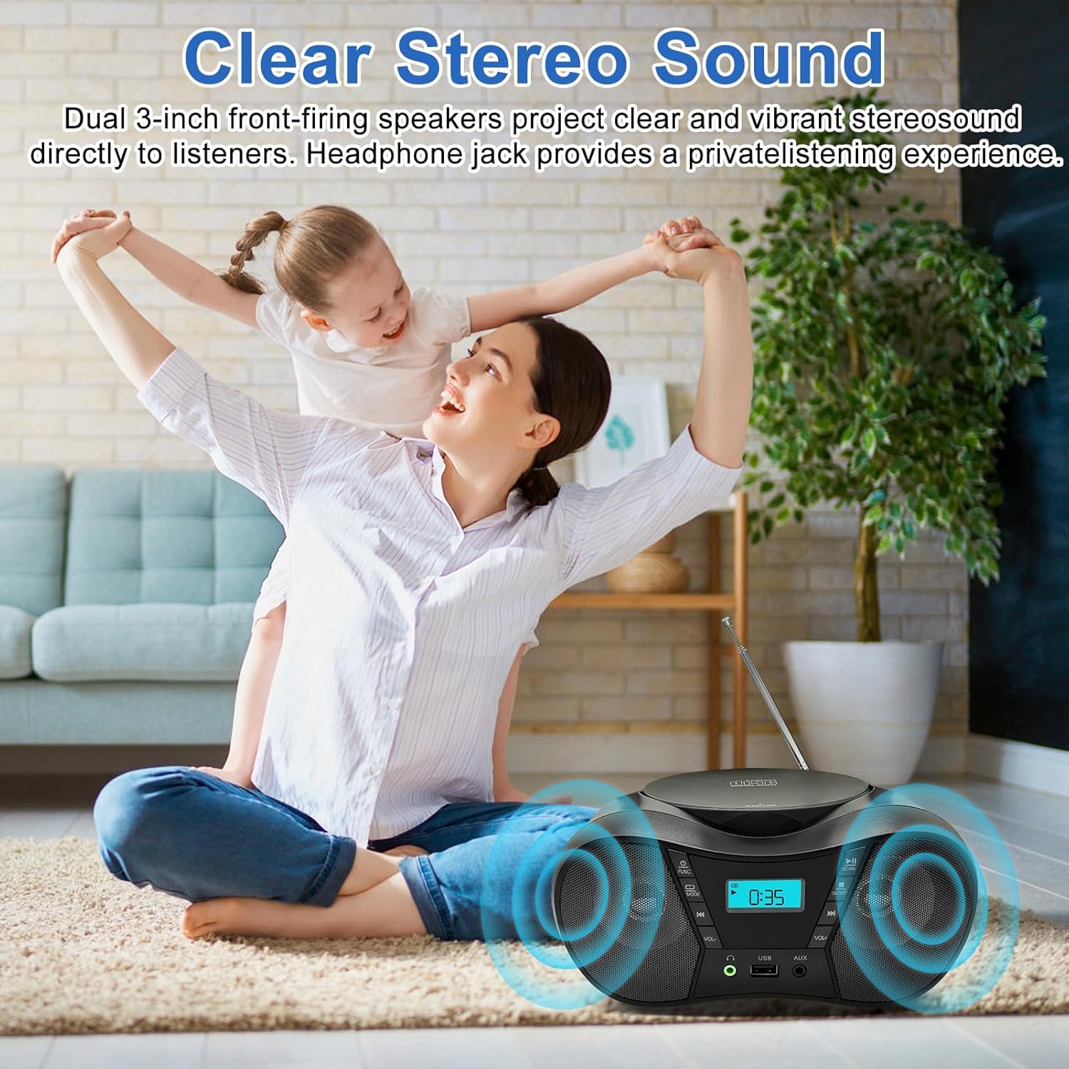 Tragbarer CD-Player Boombox mit FM-Radio, Bluetooth-Lautsprecher, AC/Batteriebetrieben, unterstützt CD/CD-R/RW/USB/BT/AUX, LCD-Display, Kopfhöreranschluss, Geschenke für Eltern (Schwarz)