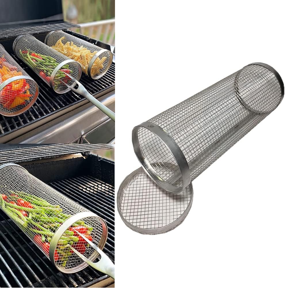Stainless Steel Barbecue Cooking Grill Grate, Rolling Grill Basket BBQ Accessories,Grill Baskets for Outdoor Grill,Barbecue Stainless Steel Wire Mesh Cylinder,Portable Outdoor Camping BBQ Ra