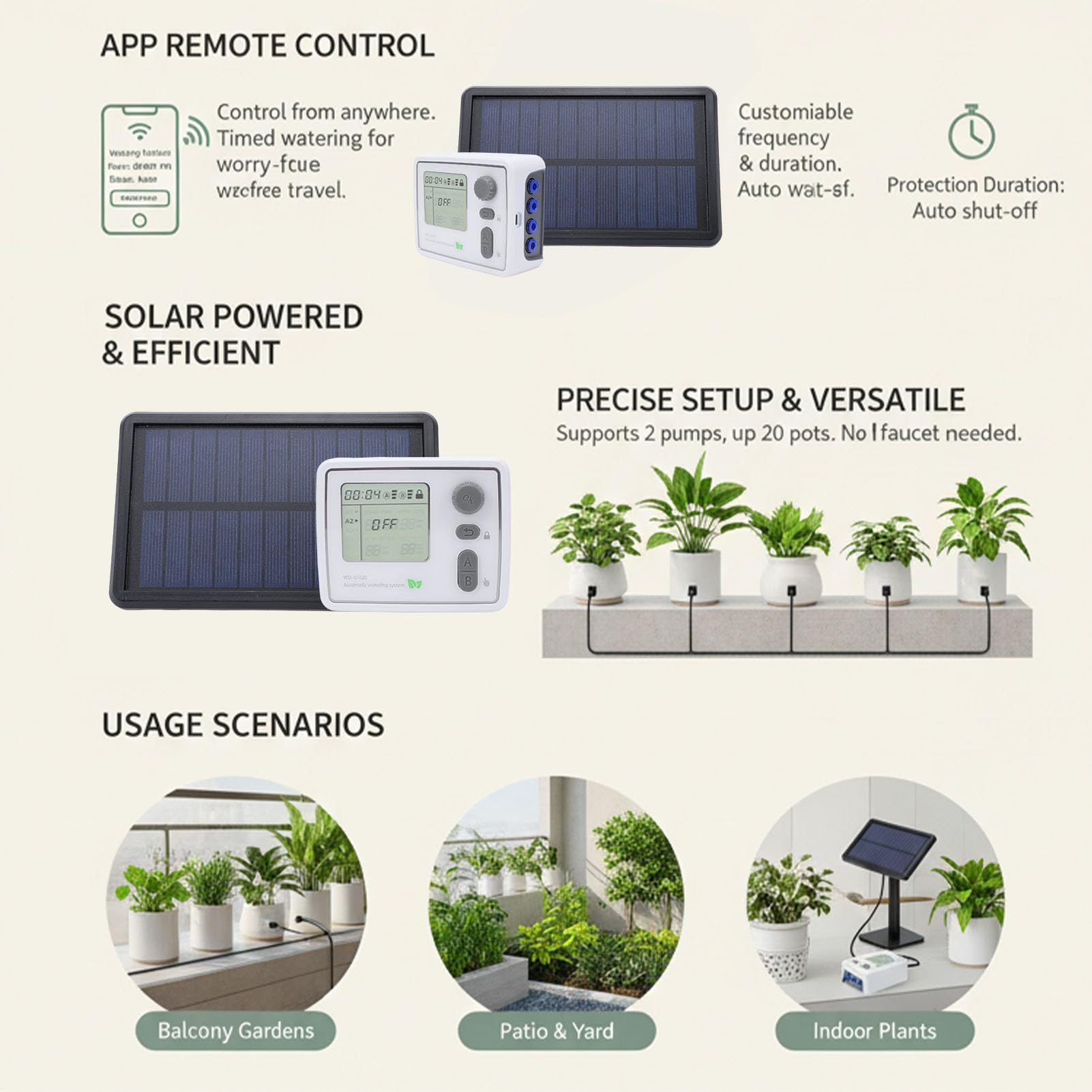 Kit d'irrigation Goutte à Goutte Solaire Système d'arrosage à Système 'arrosage Automatique des Plantes Contrôleur Intelligent WiFi pour 20 Pots 2 Pompes avec Batterie Solaire 3600 MAh
