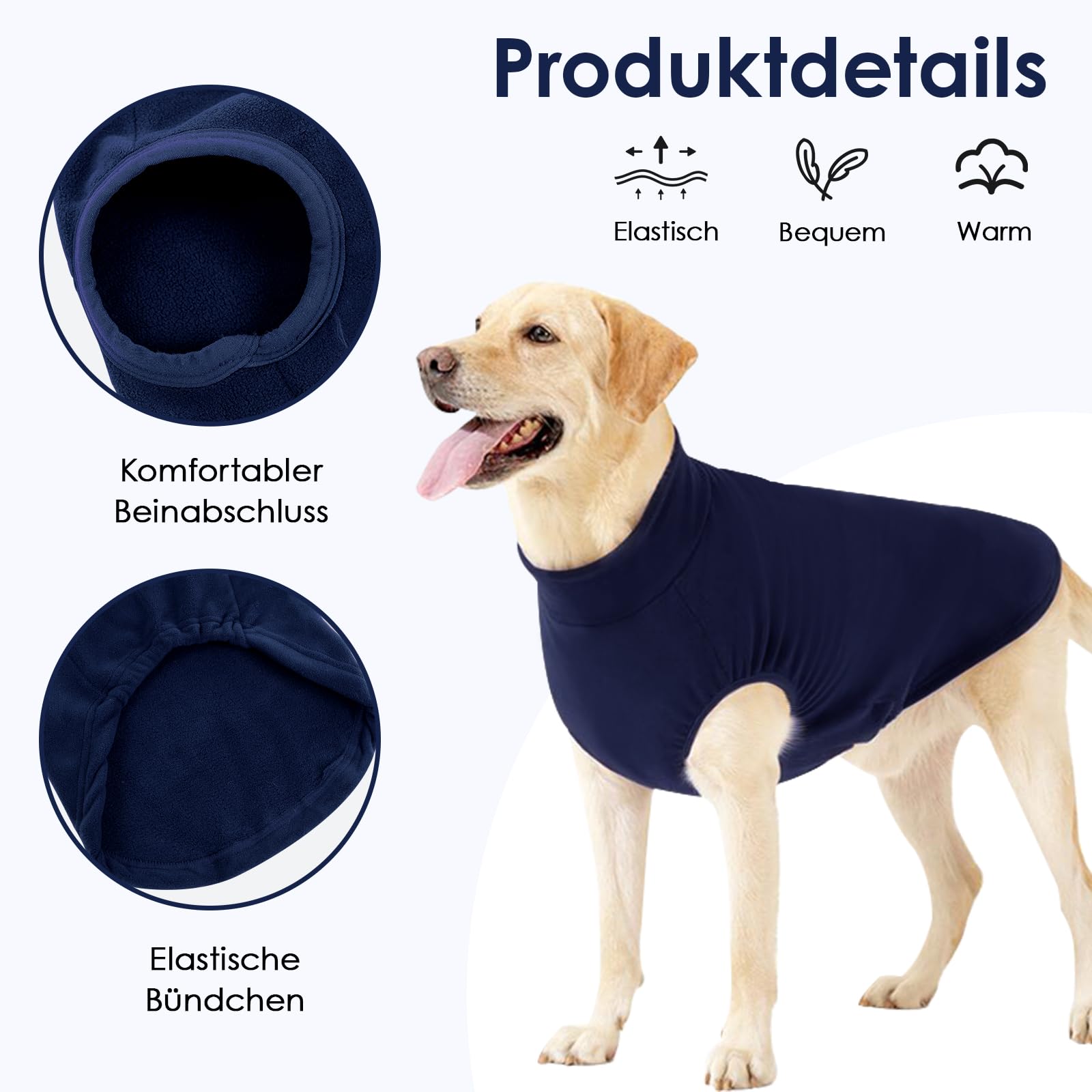 AOFITEE Fleece Hundepullover, Warmer Weihnachten Hunde Pullover Fleece Hundeweste für Große Hunde, Weicher Hundepulli Elastischer Fleecepullover Winter Hundemantel Pulli für Dobermann, Marineblau XXXL