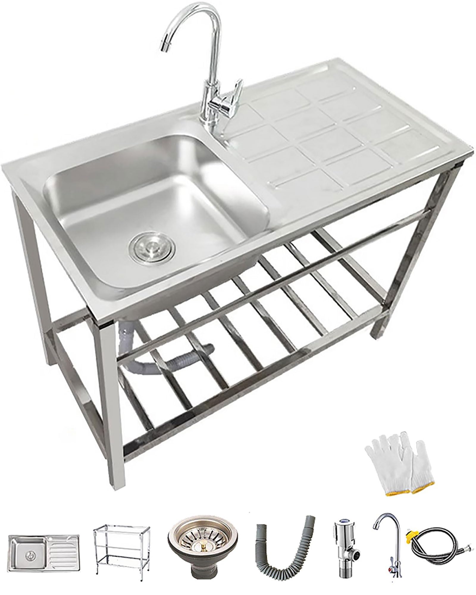 Fregadero Cocina 1 Seno Con Grifo Y Cepillo Esponja Fregadero Industrial Acero Inoxidable Con Banco De Trabajo Y Estantes Fregadero Independiente Fregadero Exterior Jardin Para Lavadero Garaje(75cmX45