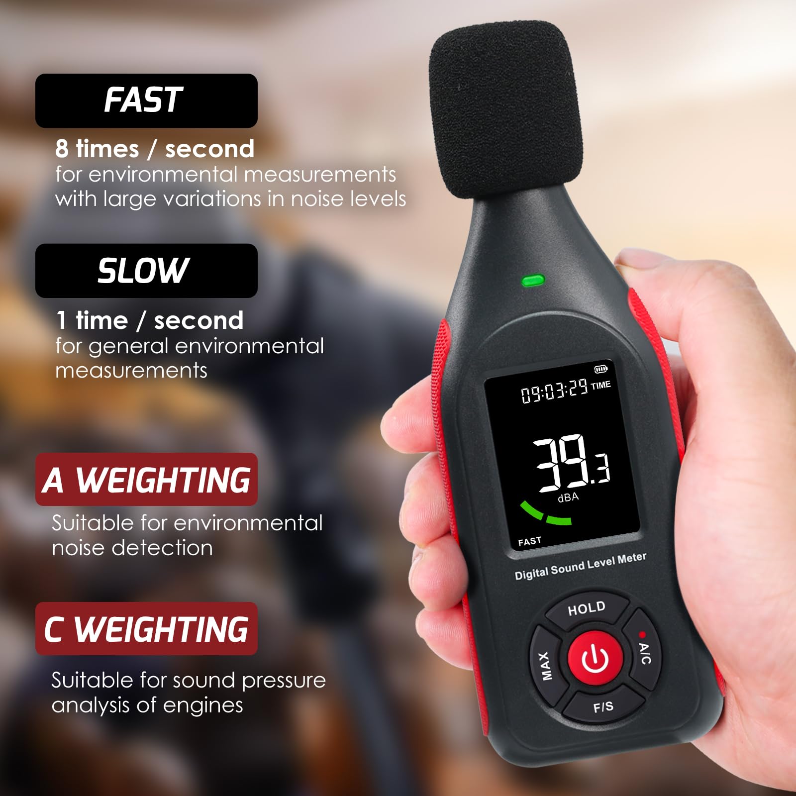 Decibel Meter Data Logger, Digital Sound Level Meter with Recording, dB Meter 30~130dB, 31,000 Data, 3Color Light Alarm - Image 4