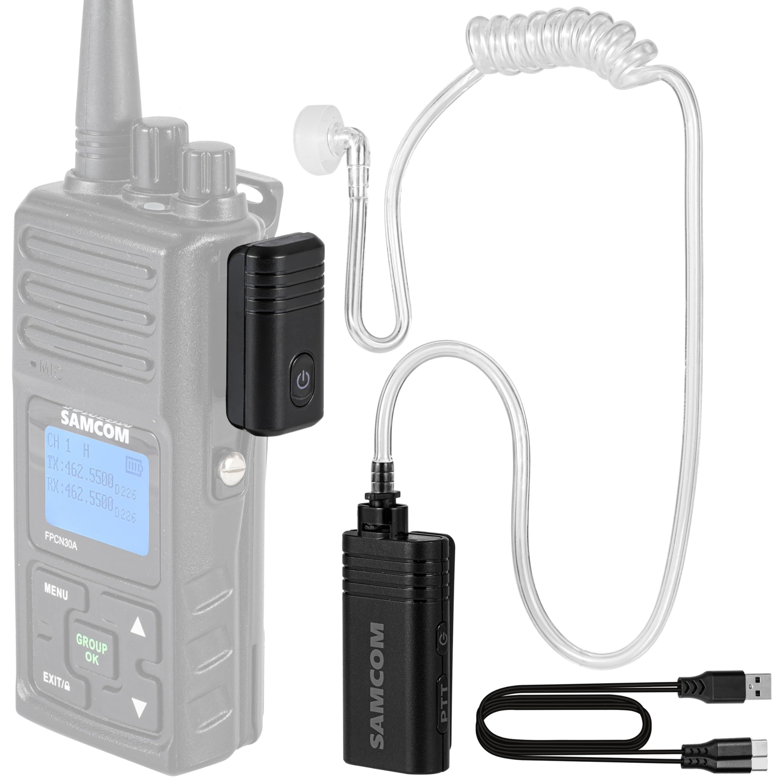 SAMCOM BTEAR01 Wireless Earpiece with Clear Airtube Tube 2 Pin Dongle for Two-Way Radios, FPCN30A/FPCN10A Wireless Headset Earphone with Mic 2-Pin K Plug, 10H Talk Time 1 Pack
