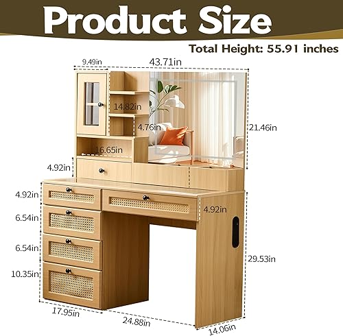 Miniatura 2 de PAKASEPT Tocador de maquillaje, tocador con espejo y luces, tocador de ratán con estación de carga con 6 cajones de almacenamiento, estantes de