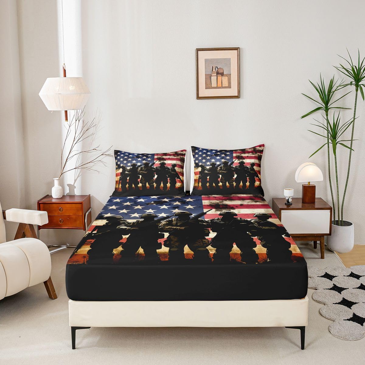 Homemissing Sábana bajera ajustable con diseño de bandera estadounidense, tamaño King, para niños y niñas, con bolsillo profundo de 16 pulgadas, con 2 fundas de almohada, decoración de habitación