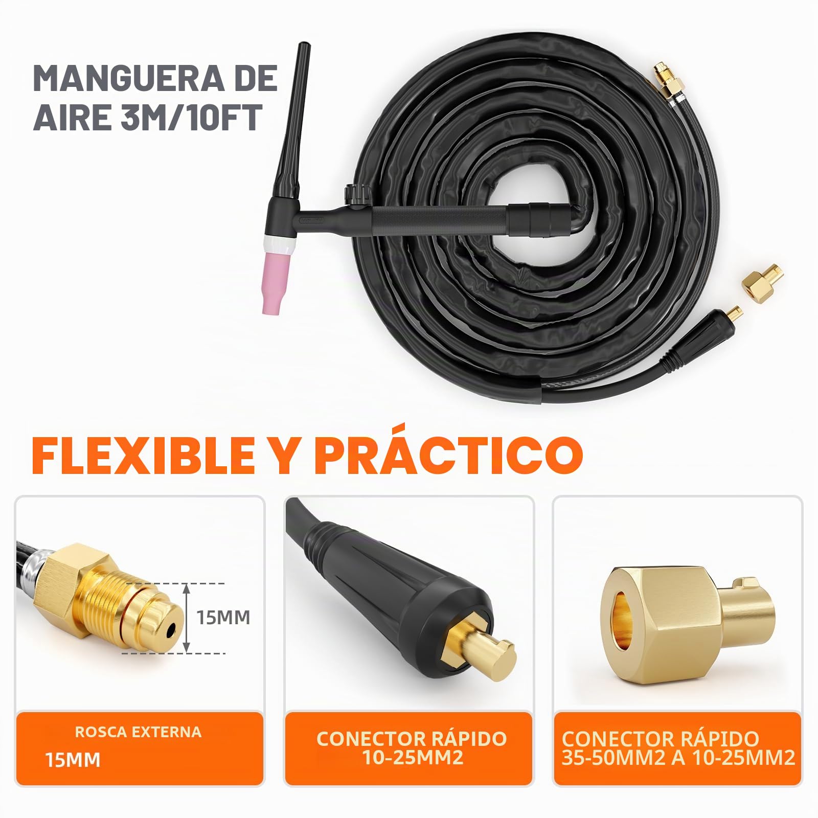 FEIFANKE WP-17V Paquete De Manguera TIG De Argón Conexión 10-50mm² Funda De Cuero De 3.0M Paquete De Manguera con Accesorios Compatible con Soldadoras ARC140 MIG135