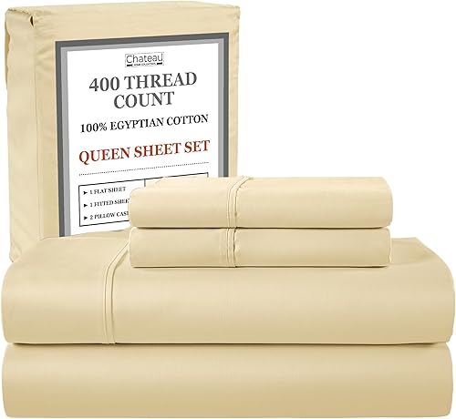 Juego de sábanas tamaño Queen Sábanas y fundas de almohada de algodón egipcio de 400 hilos, suaves, duraderas y lujosas, 4 piezas de tejido de