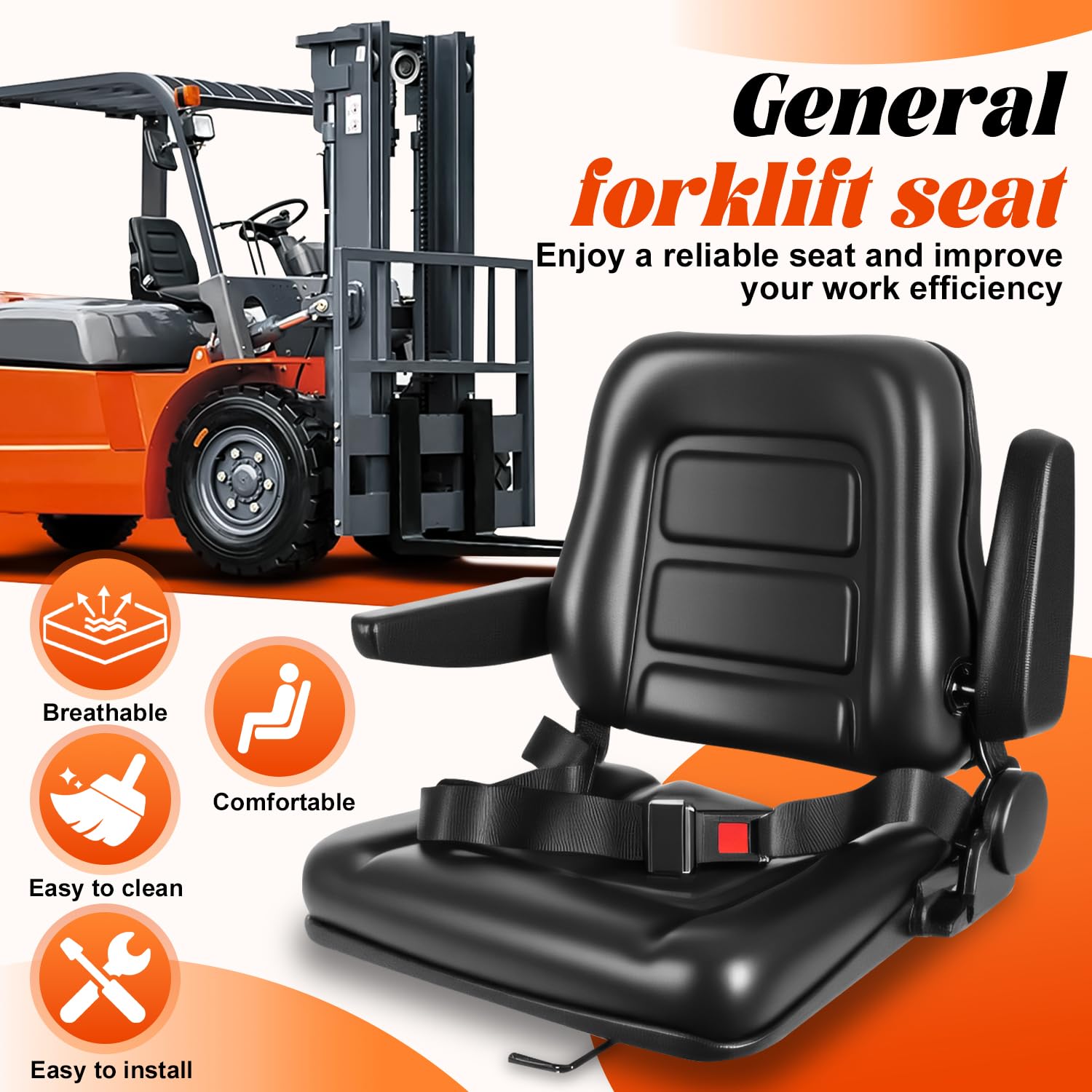 Universal Forklift Seat,Fold Down Tractor Seat with Adjustable Angle Back,Forklift Seat with Retractable Safety Belt,for Tractor,Skid Loader,Excavator,Dozer,Backhoe — view 4