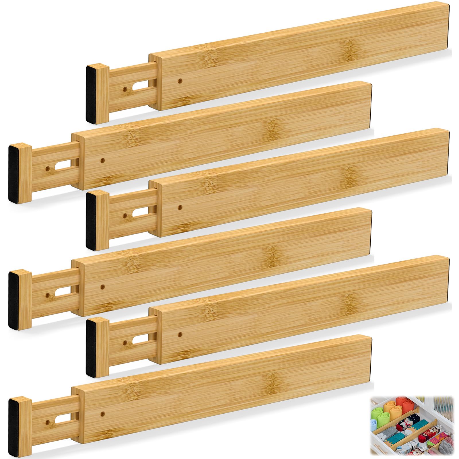 Vyranut 6 Pack Adjustable Bamboo Drawer Dividers, Expandable from 32.5–43 cm, Spring-Loaded Drawer Organiser Separators for Kitchen, Bedroom, Office, No Tools Required