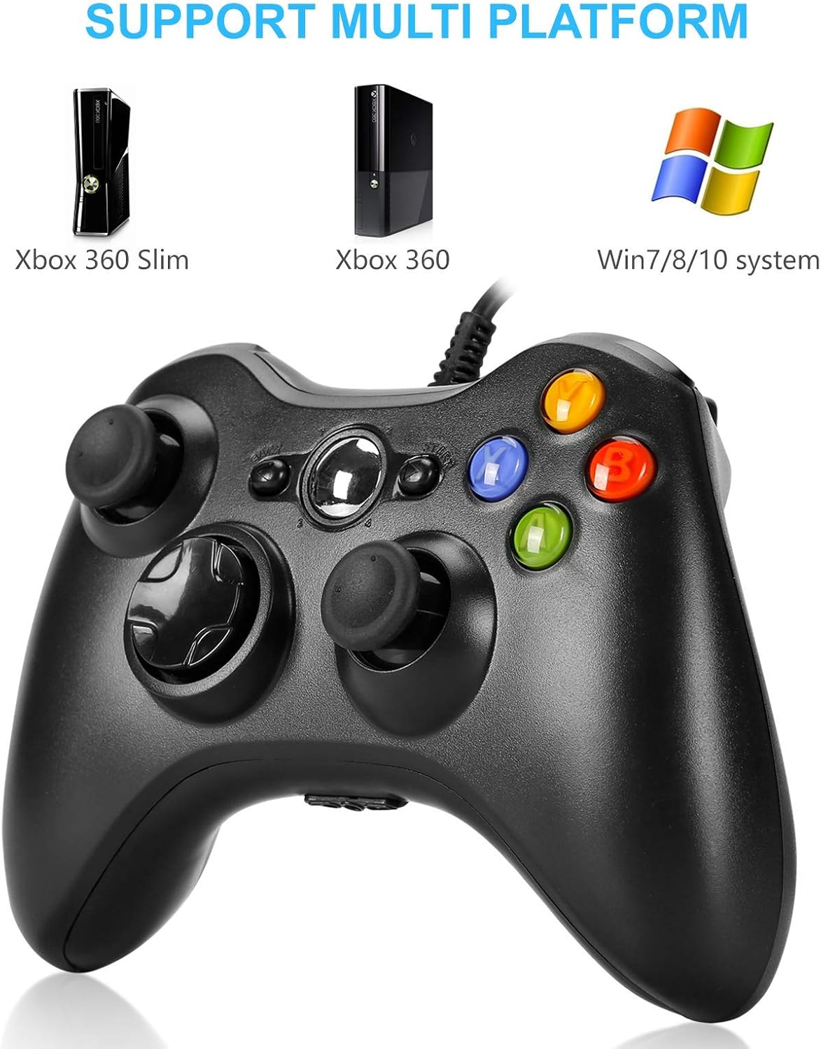 PomisGam Wired Controller PC Game Console for Microsoft Xbox 360 / Xbox 360 Slim/PC Windows 7 8 10 Steam, Wired USB Gamepad with Dual Vibration and ergonomics (Renewed)