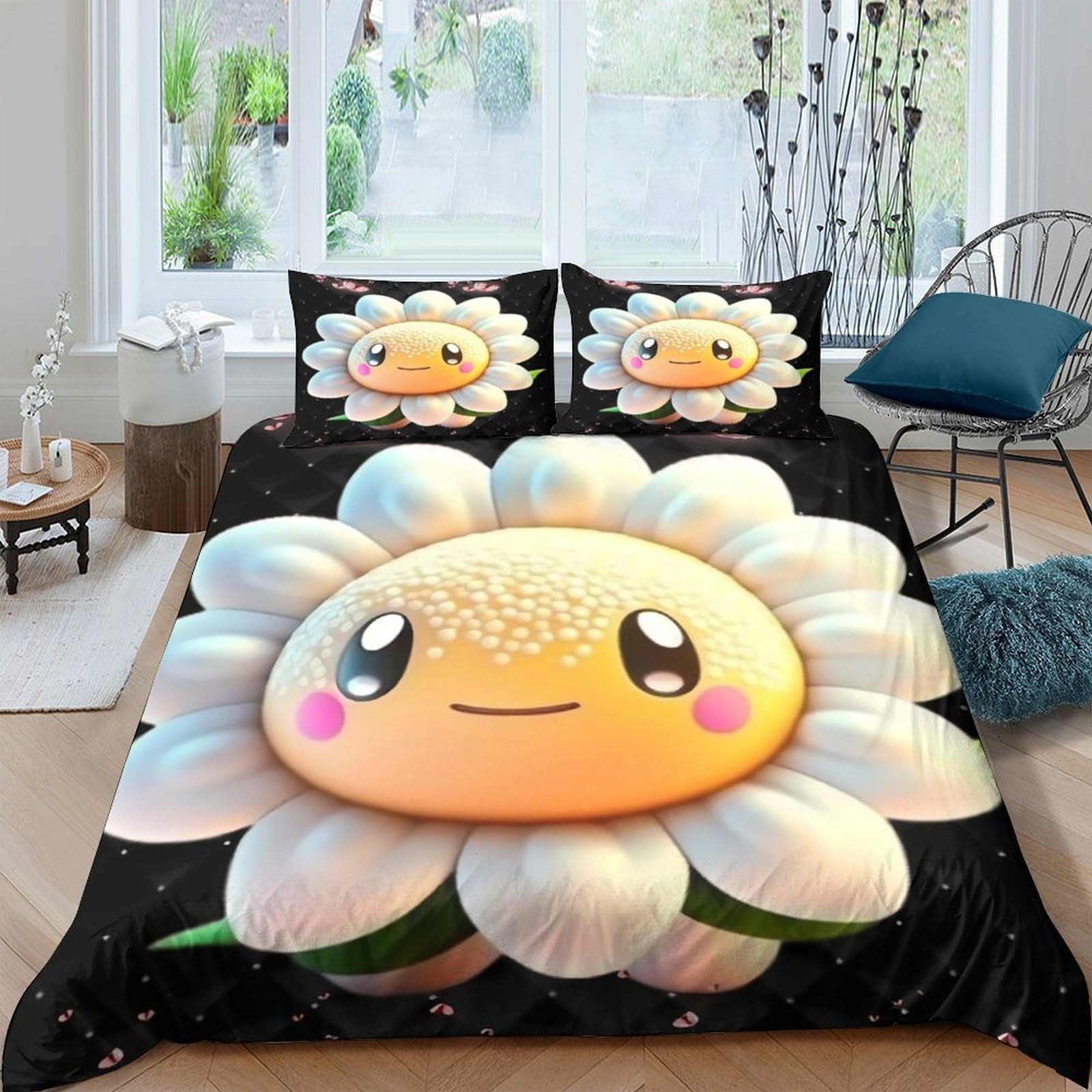 Ctjqhvkz Style-7 3D Printed Cartoon Daisy Fitted Sheet Microfiber Soft Black Smiling Flower Mattress Cover For Bedroom Dorm Room Decor Single（135X200cm）