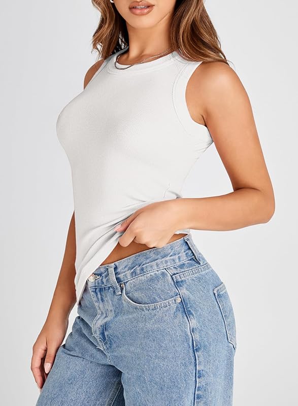 Dokotoo Womens Ladies Basic Ribbed Thick Strap Low Cut Solid Color Tight Slimming Fitted Sleeveless Shirts Sports Workout Long Tank Tops Activewear Tops White M image 4