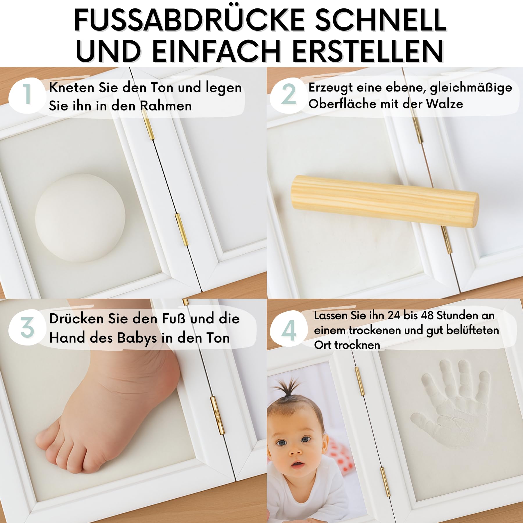 HuBorns - Bilderrahmen Fußabdruck Baby und Anti-Riss-Ton, um ein Einzigartiges Souvenir zu schaffen, Gipsabdruck Baby Hand und Fuß, Baby Geschenk, Fussabdruck Abdruckset (Ton)