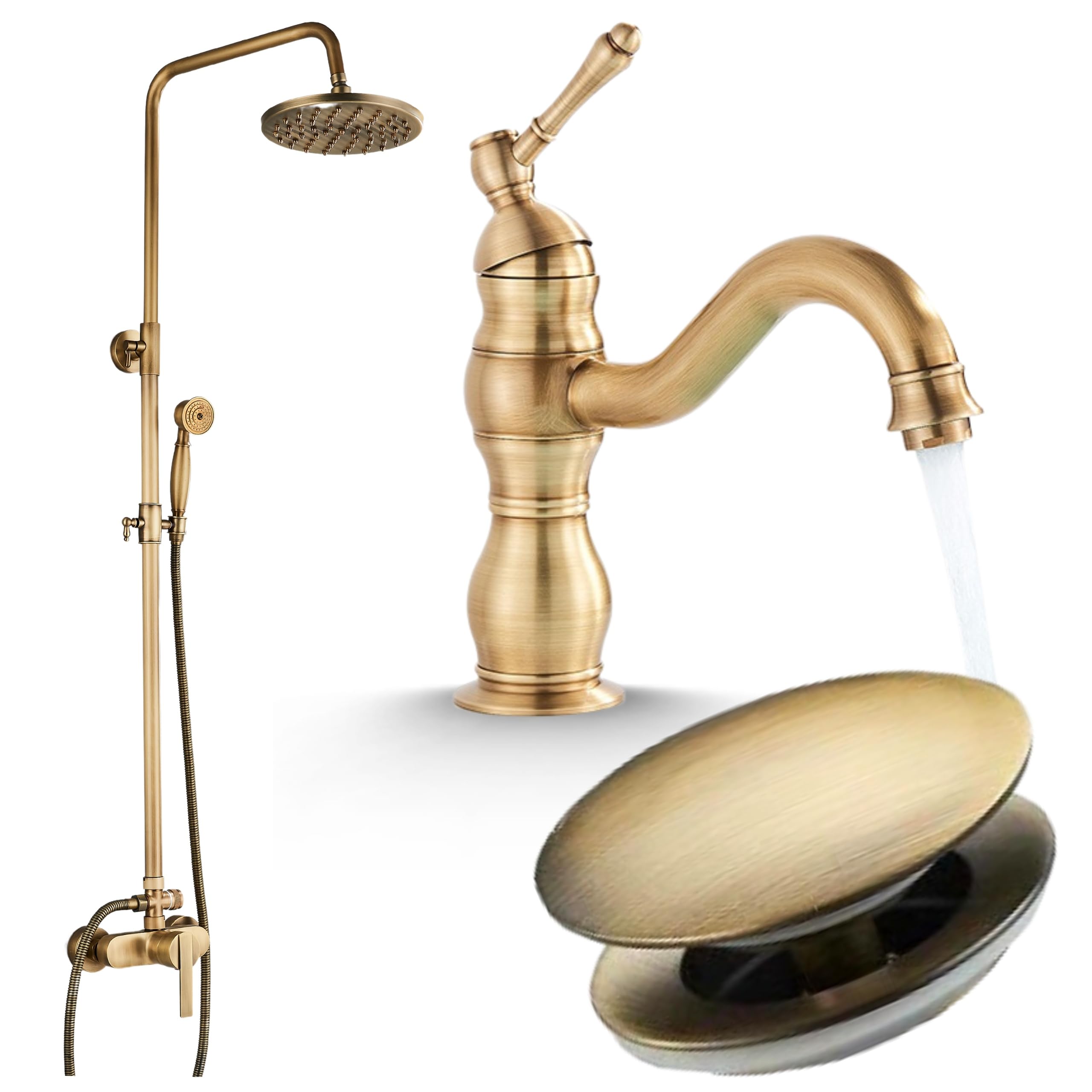 Ari Juego de grifos de baño retro con grifo de lavabo, sistema de ducha de lluvia y válvula de desagüe Click-Clack estilo antiguo con cartucho de cerámica, latón (latón, bajo)