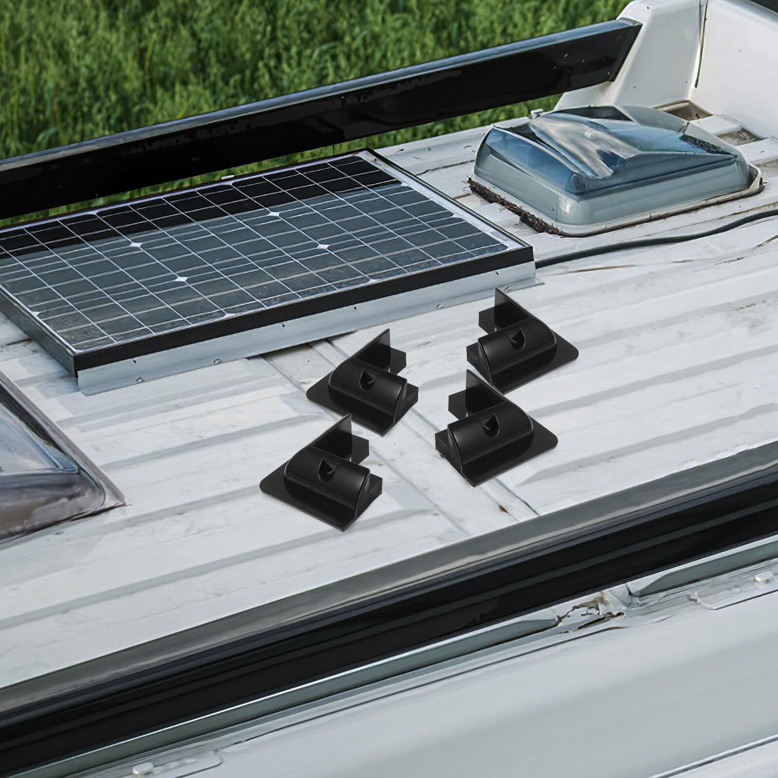 Soporte para Panel Solar Rv sin Taladro Montaje Fácil con Estructura Ventilada Resistente y Seguro Kit para Caravanas y Color Negro