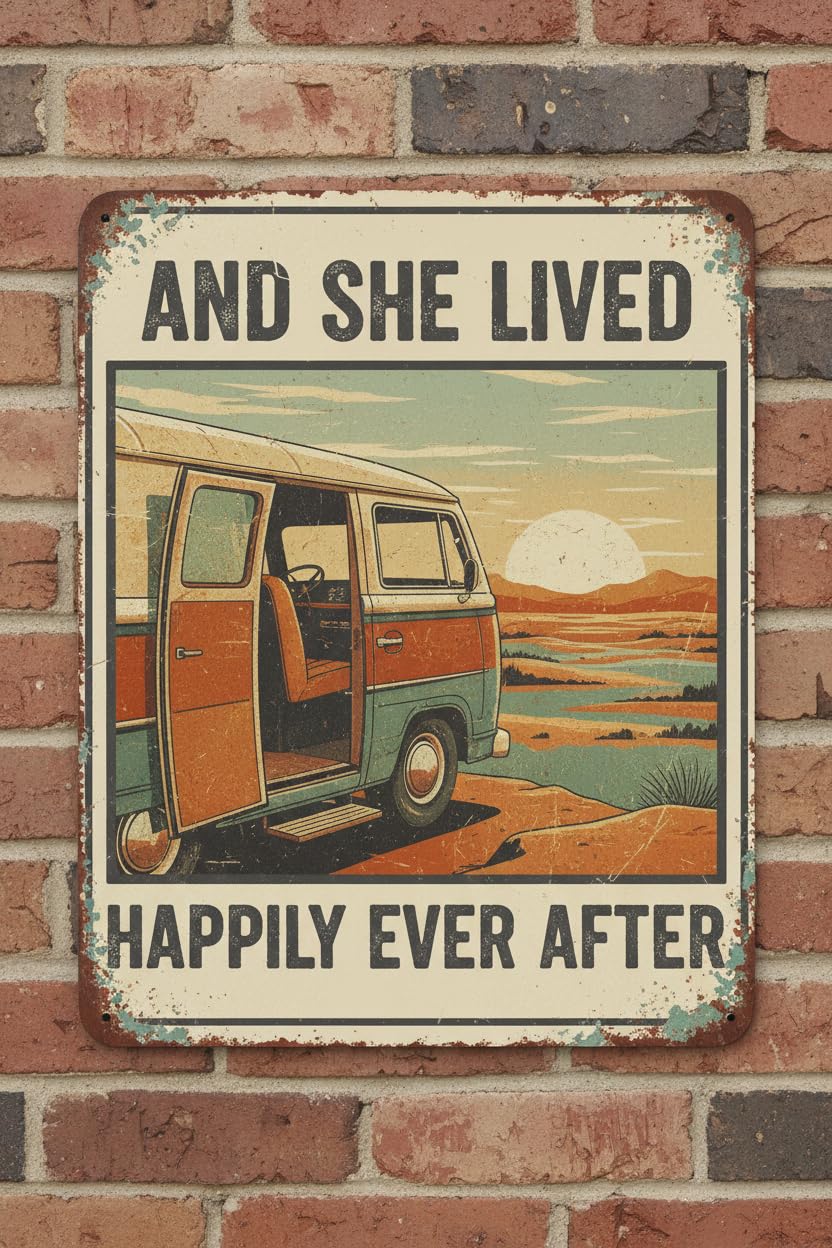 And She Lived Happily Ever After Camping Tin Sign, 8x12 Inch
