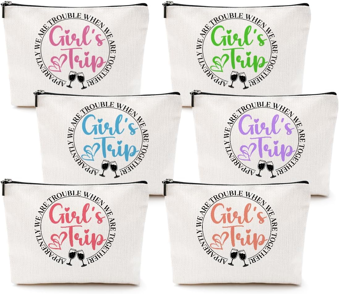 6 Pcs Girls Trip Gifts Girls Weekend Makeup Bag Girls Trip 2026 Gifts Favors Summer Gifts Cosmetic Bag Toiletry Bag Zipper Pouch Weekender Bags for Women Girl Friendship Bachelorette Party Birthday